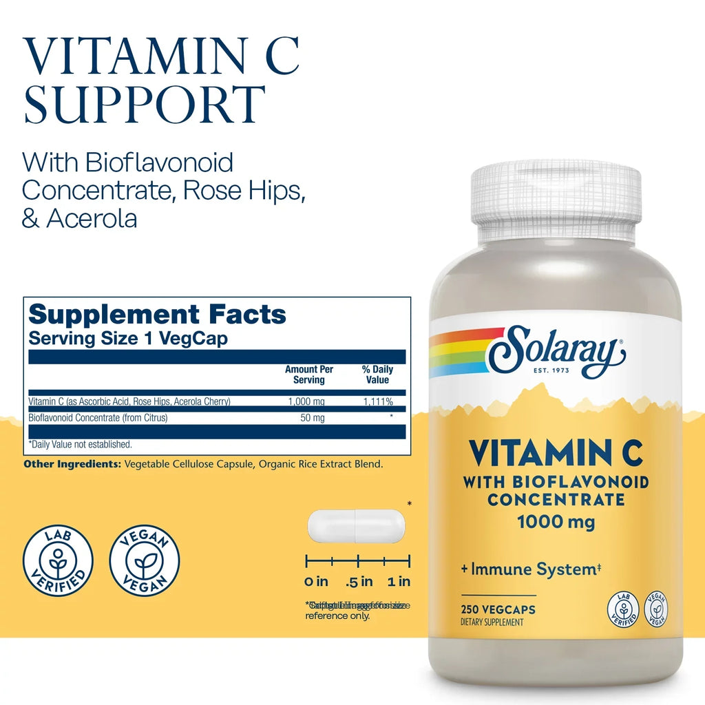 Bioflavonoid with Vitamin Healthy Function, 250 VegCaps Nails Support, Concentrate C Immune & Hair Solaray Skin, 1000mg,