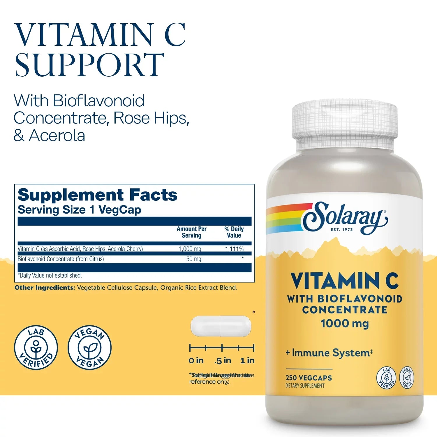 Bioflavonoid with Vitamin Healthy Function, 250 VegCaps Nails Support, Concentrate C Immune & Hair Solaray Skin, 1000mg,