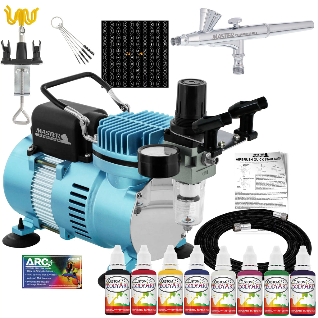 Art Body 100 Color Set, Tattoo Custom Kit Master Temporary Paint Air 8 with System Compressor Airbrush Airbrush, Stencil