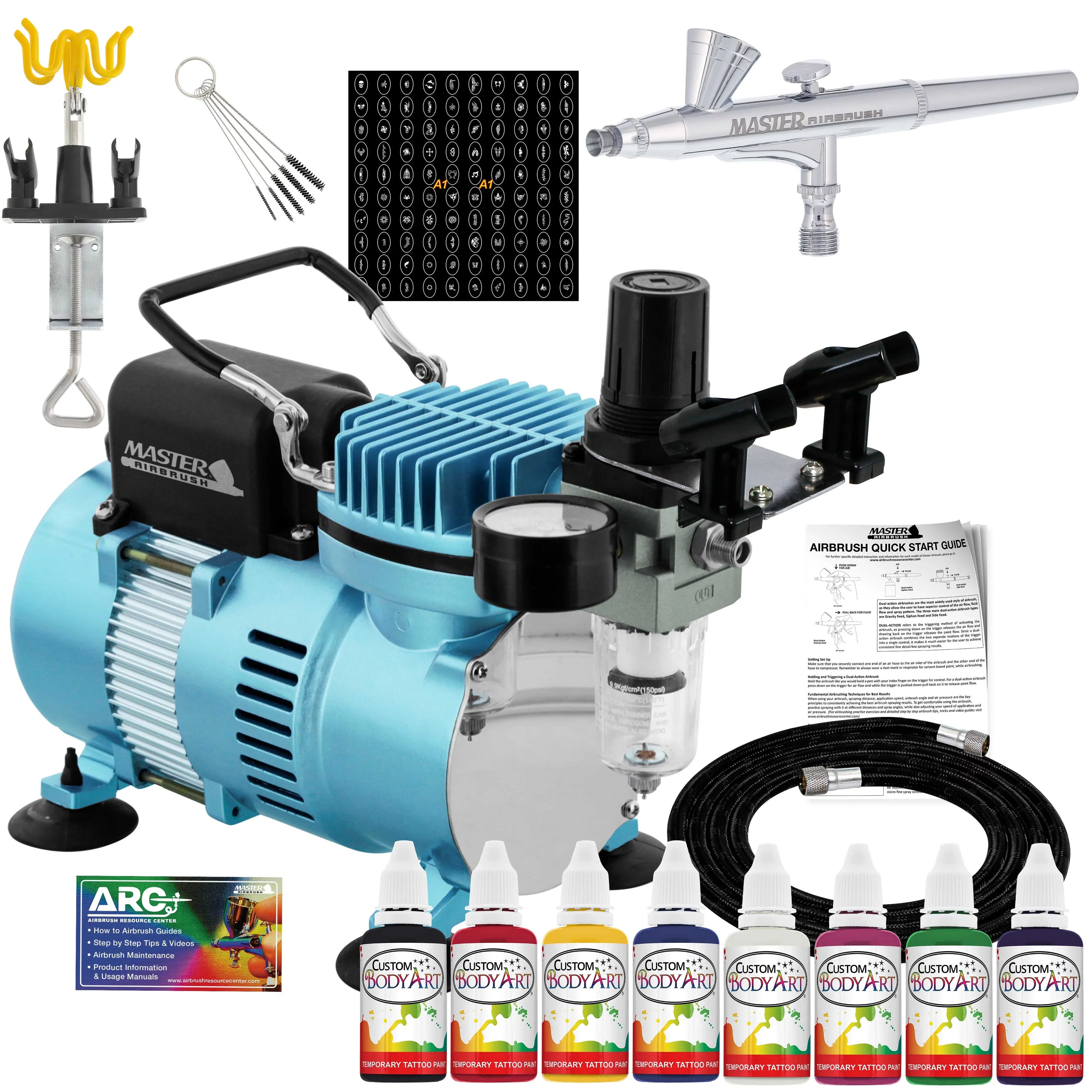 Art Body 100 Color Set, Tattoo Custom Kit Master Temporary Paint Air 8 with System Compressor Airbrush Airbrush, Stencil