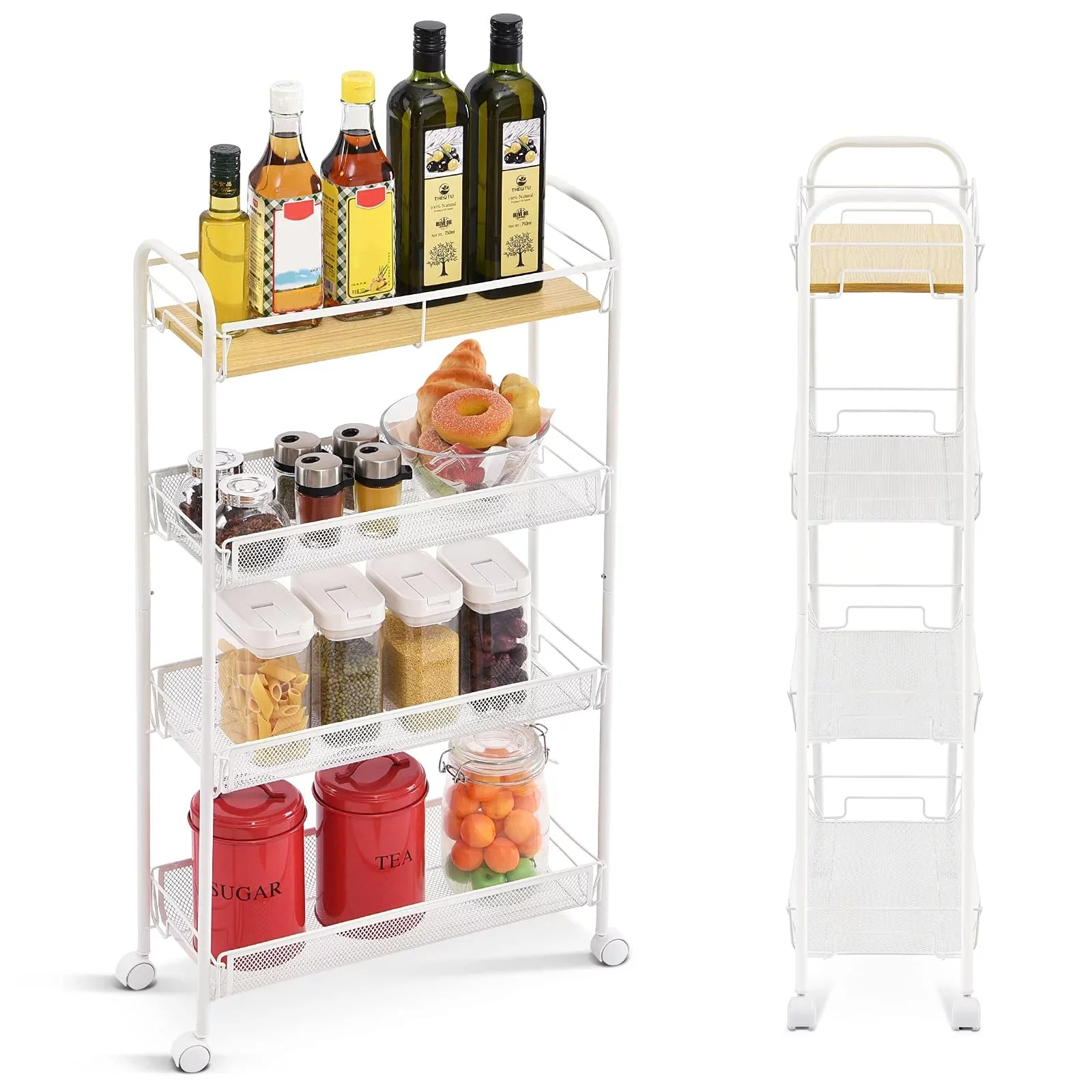 KINGRACK Tabletop Wooden KK Carts Mesh Kitchen with Rolling Cart, School Utility Storage 4-Tier White for Bathroom,
