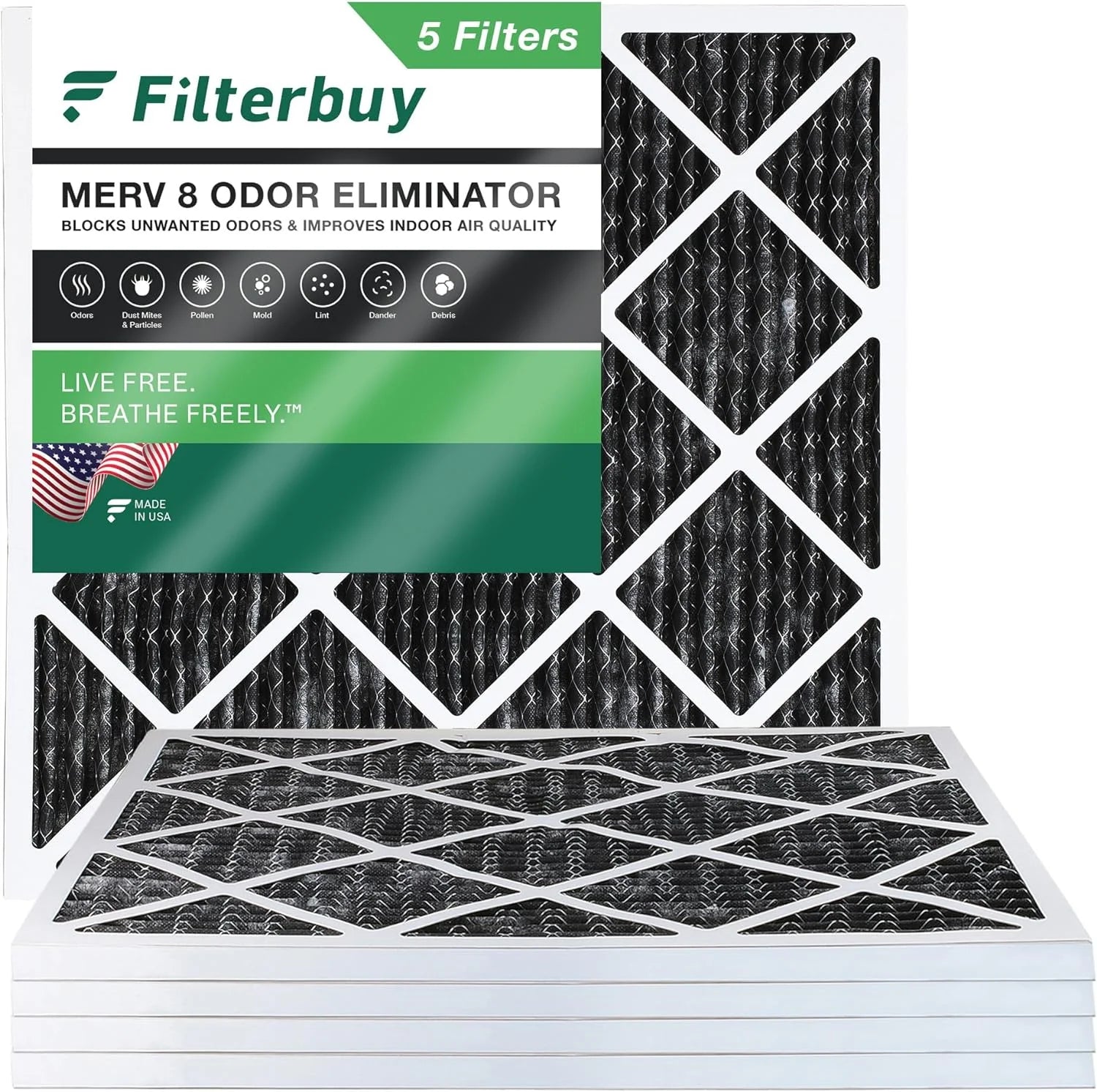 8 Filterbuy HVAC Activated Furnace MERV (5-Pack) Air Pleated Filters with AC Carbon 25x25x1 Eliminator Odor
