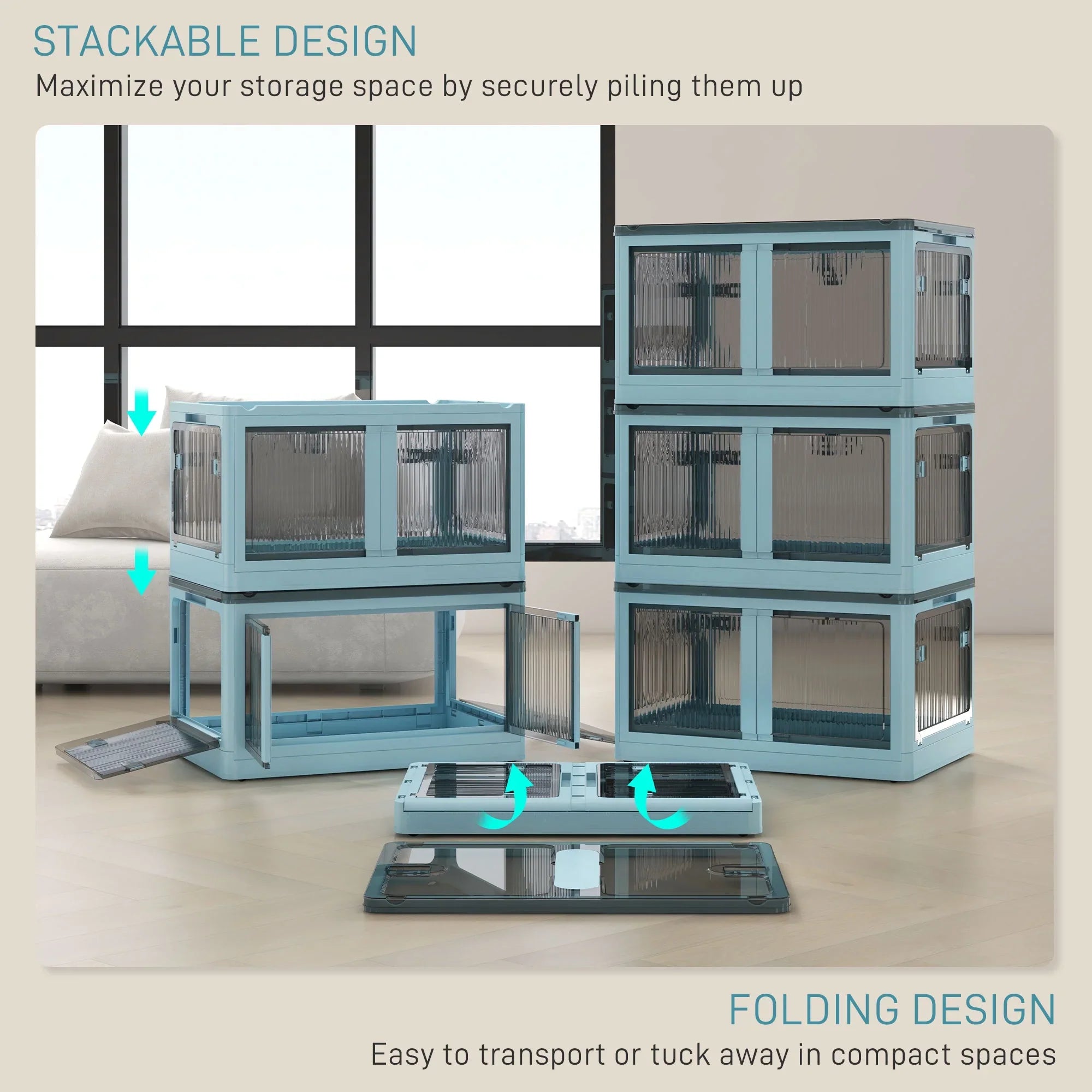 Lids, Stackable and Storage HOMCOM Blue with Collapsible, Wheels, Bins