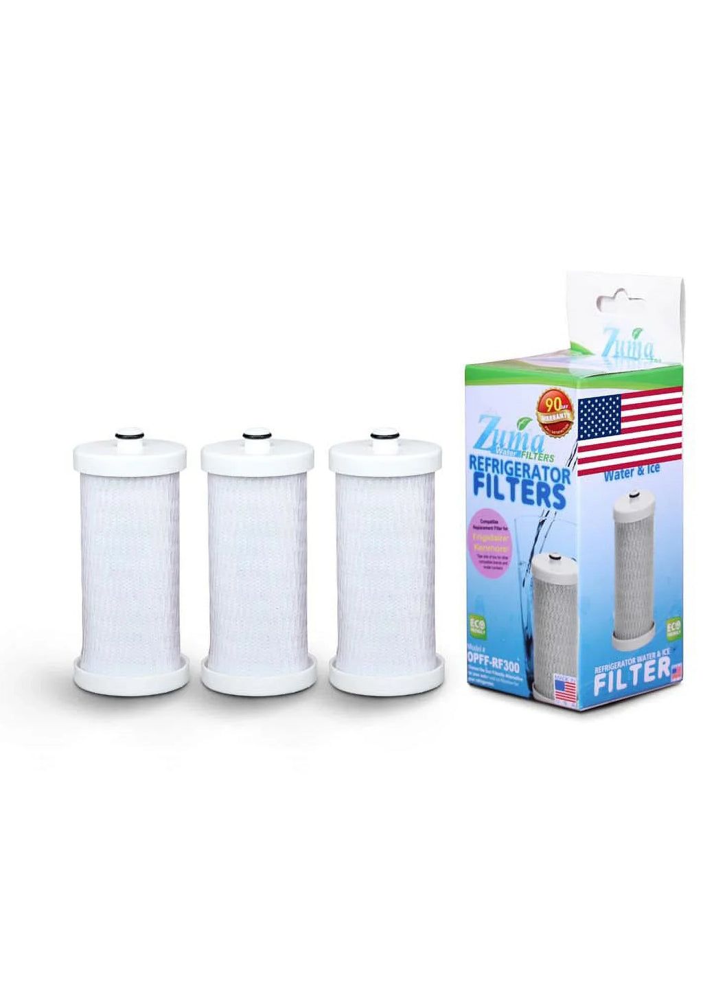 Model Compatible , and - - 3 OPFF-RF300 Water , Frigidaire® in Pack , U.S.A. Brand Made # ZUMA Filter with Ice RF-100