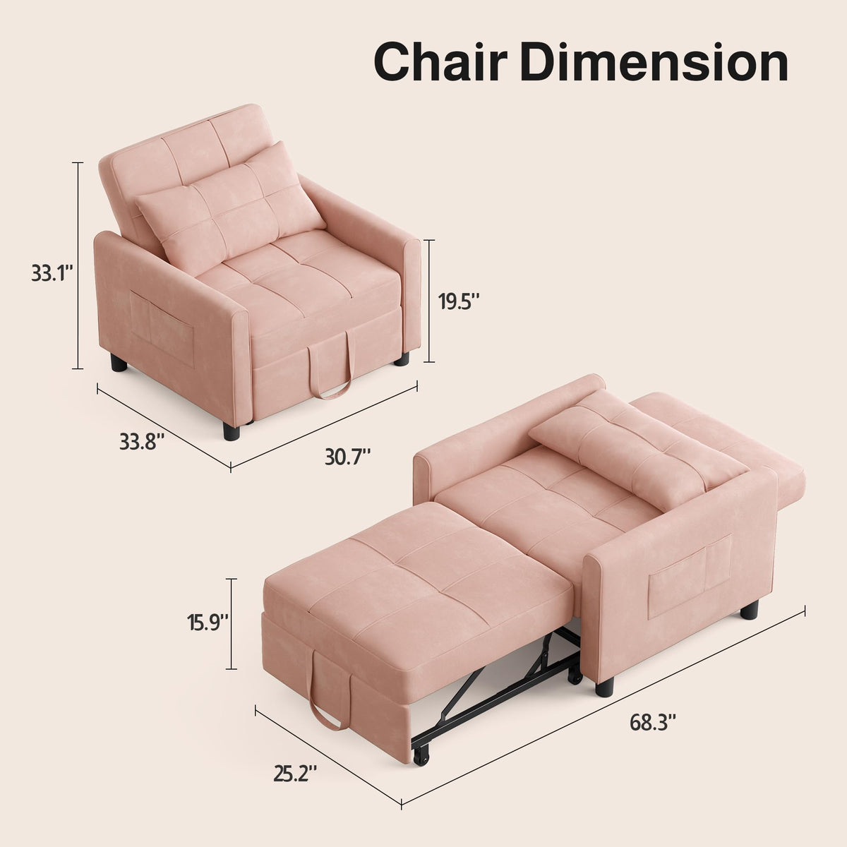 Ahomly Convertible Sofa Chair Bed, 3-in-1 Linen Pull Out Chair, Dark Gray