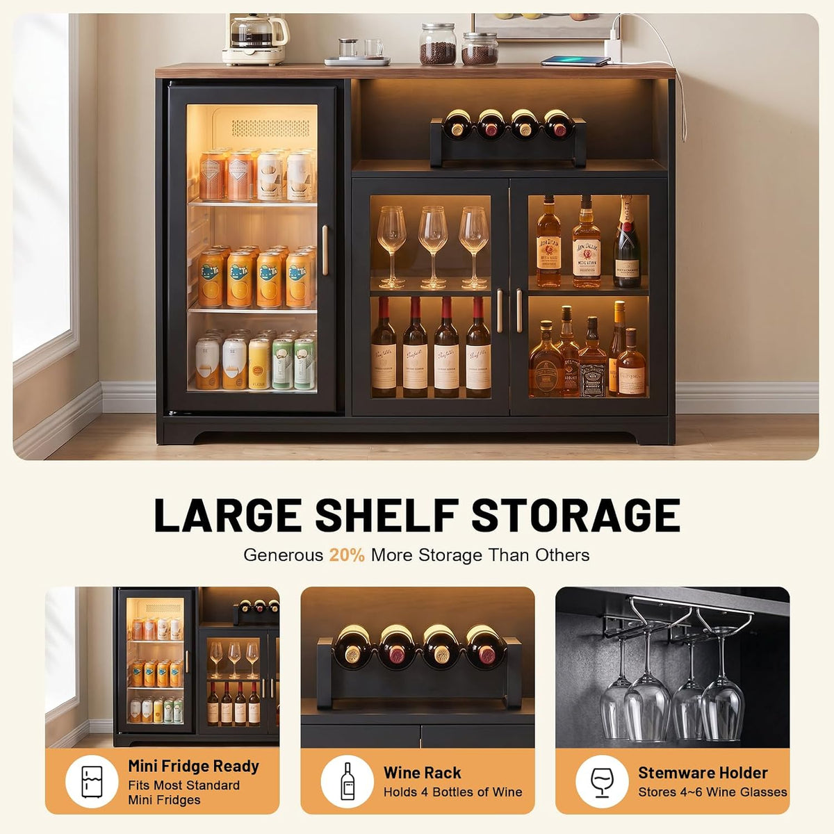 54â Coffee Bar Cabinet with Fridge Space, Smart LED Light, Black