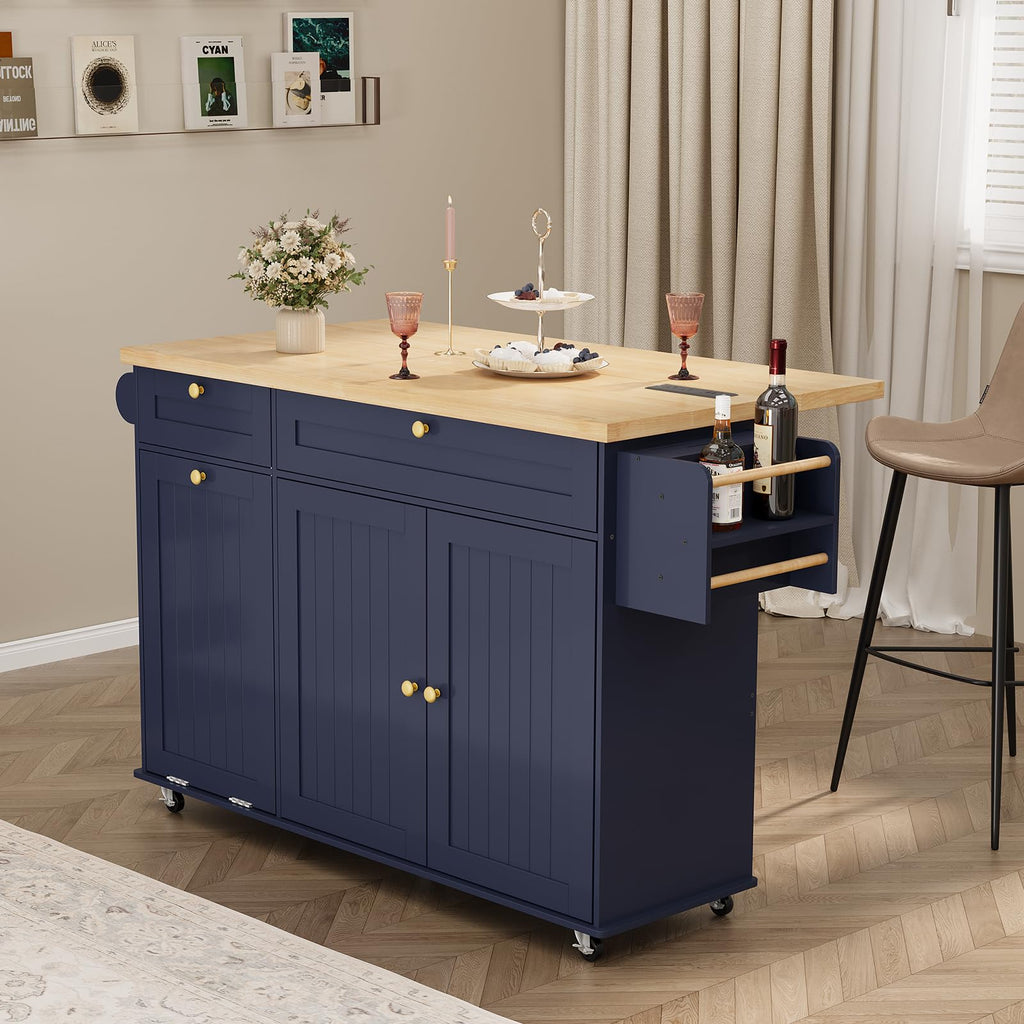 ComfyCorner 60" Rolling Large Kitchen Island on Wheels with Extendable Table, Drop Leaf & Power Outlet, Mobile Kitchen Cart with Storage Cabinet, 2 Drawers, Spice Rack, Towel & Knife Holder, Green