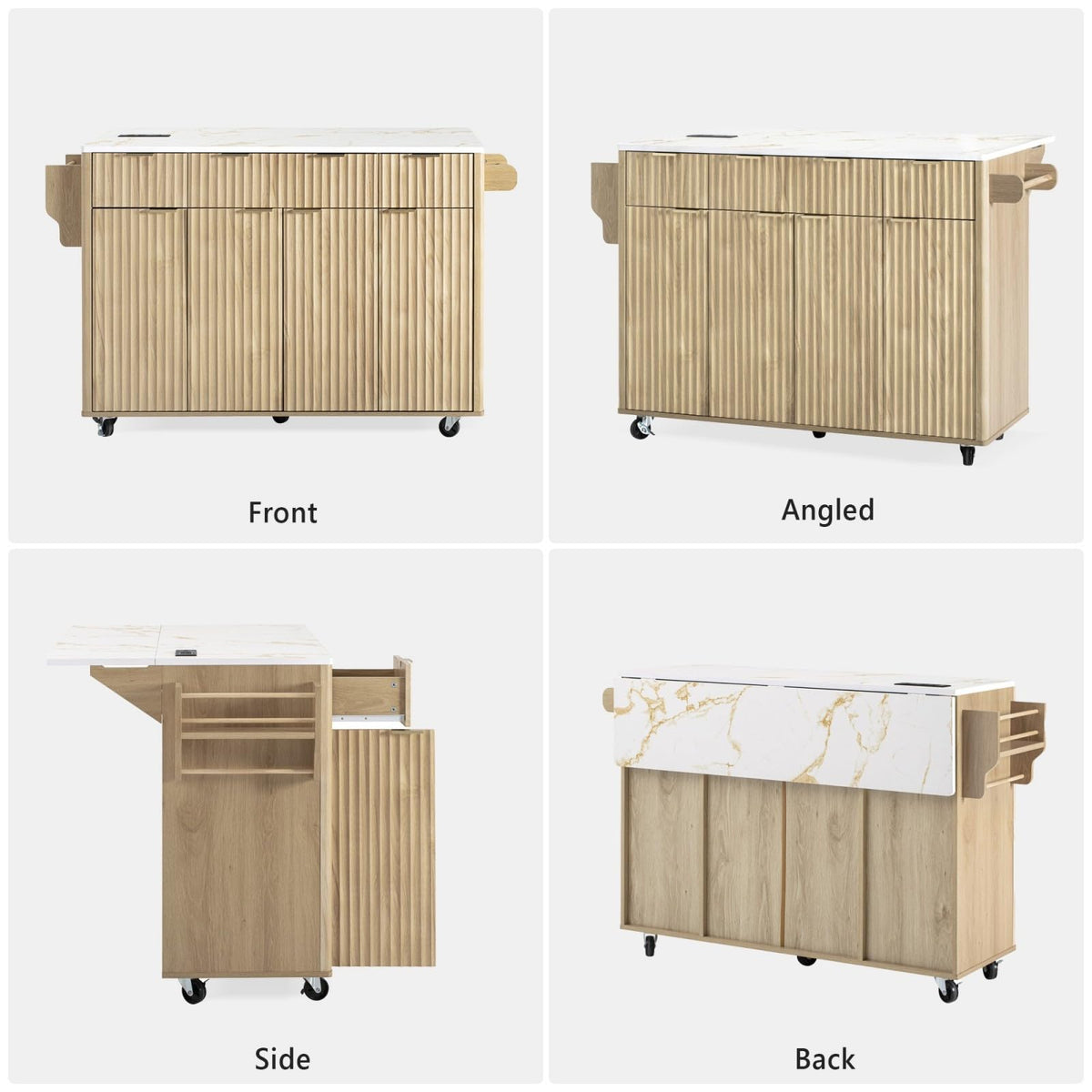 Large Fluted Kitchen Island Cart on Wheels with Storage, Natural