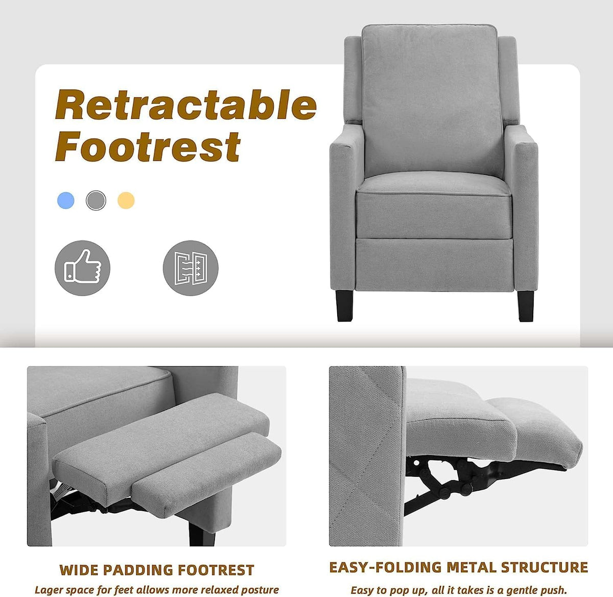 AVAWING Push Back Recliner Chair, Grey Wingback Accent Armchair Set of 2
