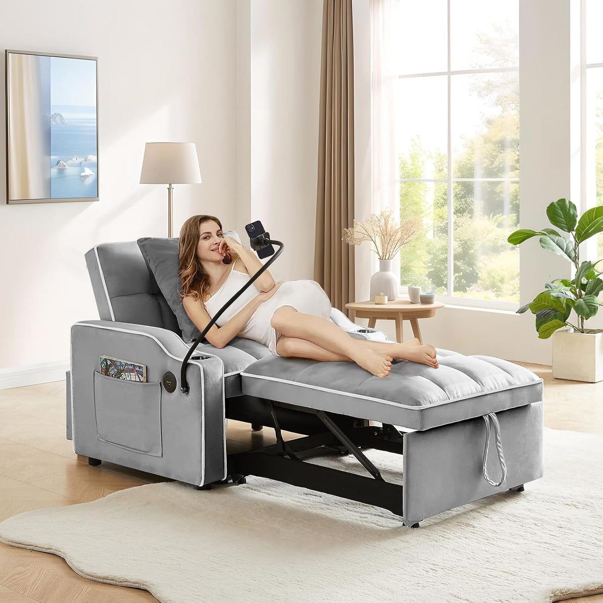 Convertible Single Sleeper Chair Bed,3 in 1 Velvet Futon Sleeper Sofa Bed with Phone Holder&USB Ports,Pull Out Couch Bed,Adjustable Recliner Armchair bed for Living Room,Office,Small Places(Grey)