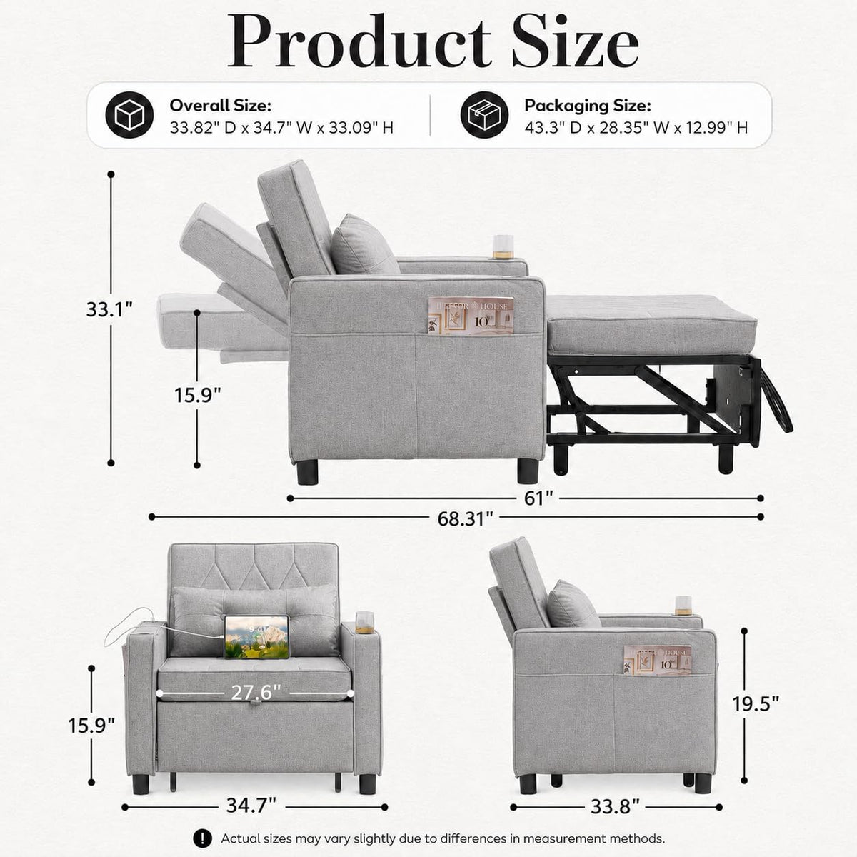 AILEEKISS Sleeper Chair Bed, 3-in-1 Convertible Pull Out Sofa, Faux Leather
