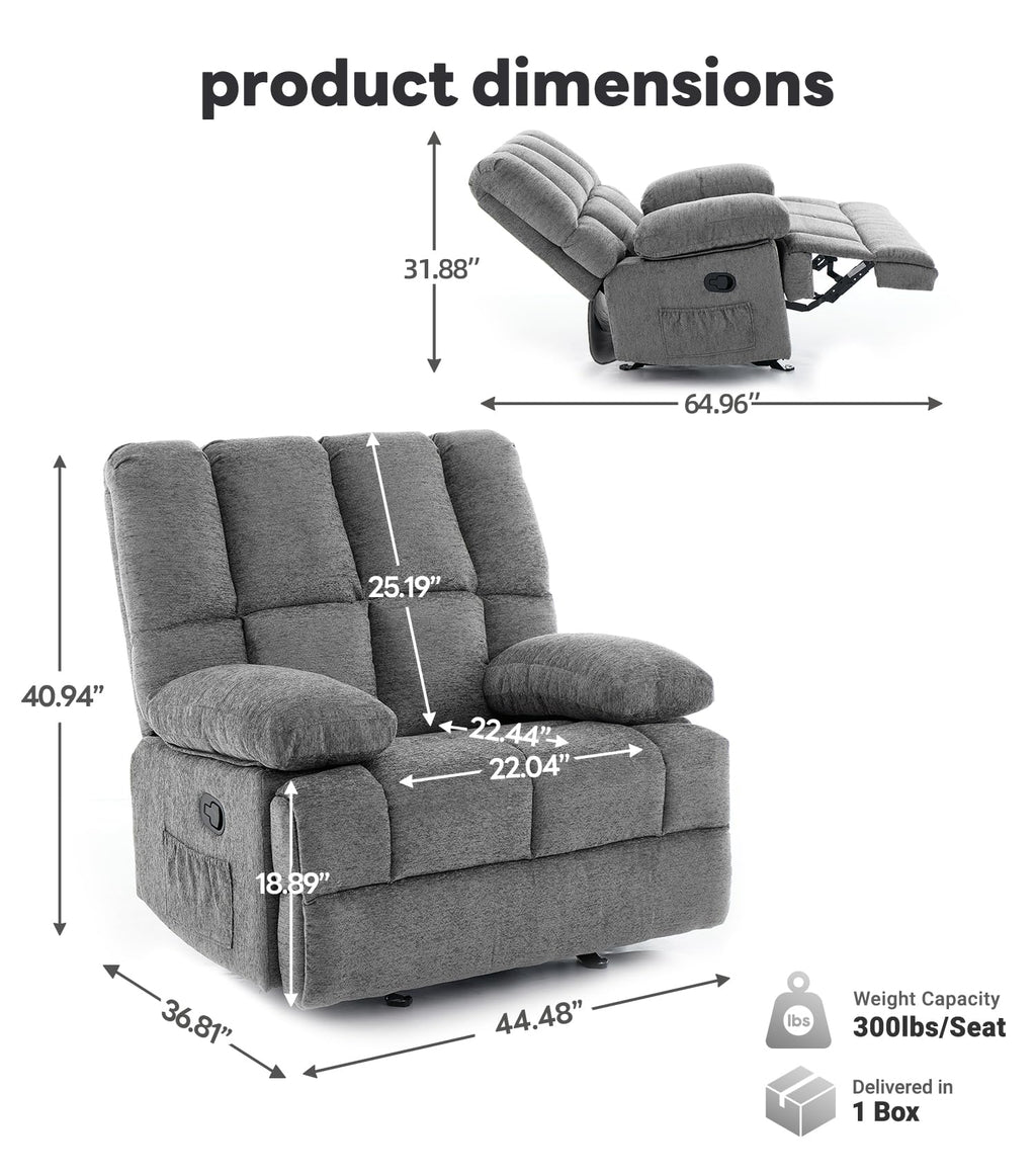 WILLOVE 41" Oversized Rocker Recliner Chair, Rocking Recliners Overstuffed Soft Big Man Manual Recliner, Extra Large Chenille Living Room Chair 350 LBS Capacity, Grey, L