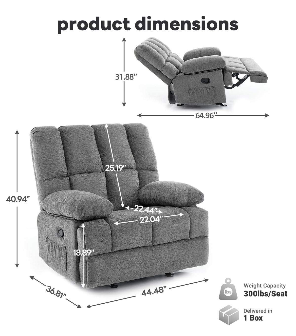 WILLOVE 41" Oversized Rocker Recliner Chair, Rocking Recliners Overstuffed Soft Big Man Manual Recliner, Extra Large Chenille Living Room Chair 350 LBS Capacity, Grey, L