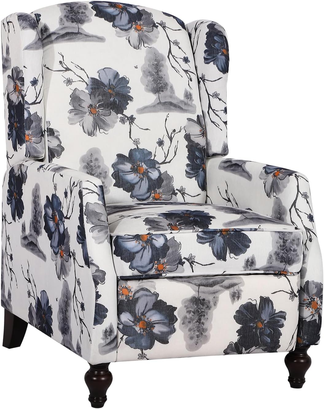 Wingback Recliner Chair - Tufted Arm Chair Recliner - Fabric Push Back Single Sofa for Living Room Adjustable Backrest (Blue Floral)