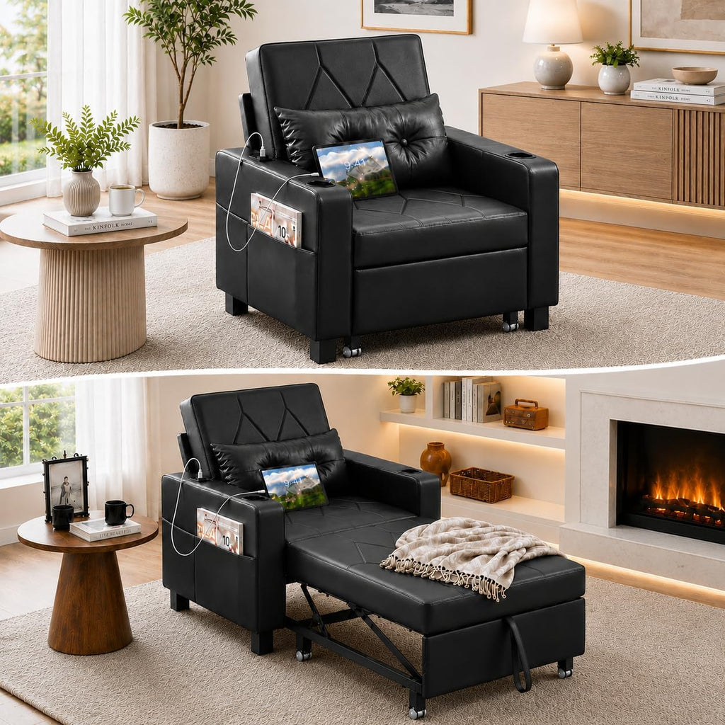 AILEEKISS Sleeper Chair Bed, 3-in-1 Convertible Pull Out Sofa, Faux Leather