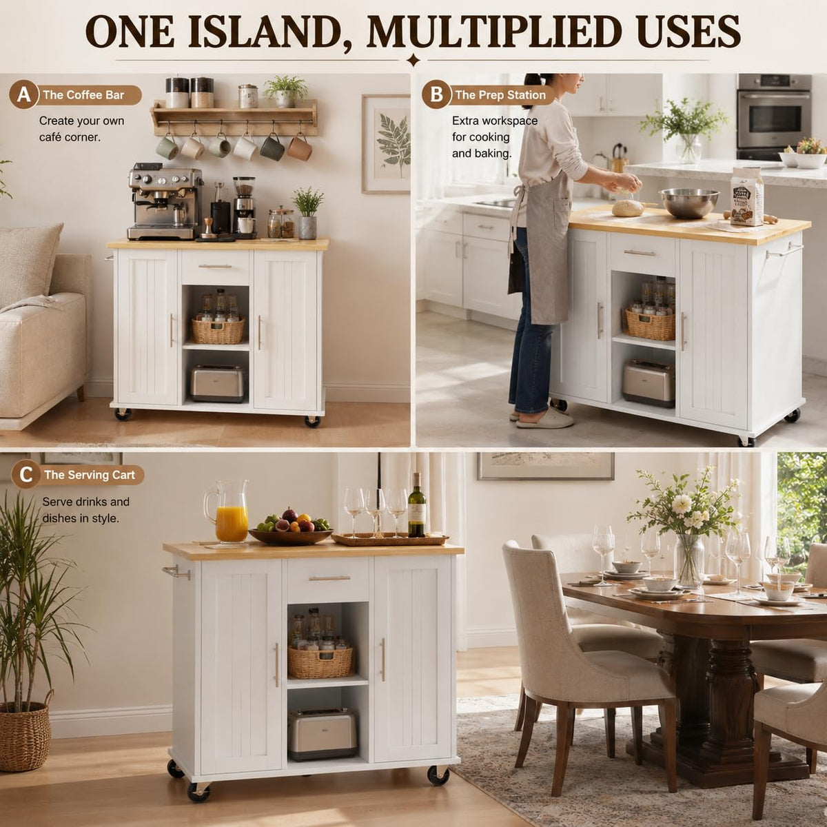 SUNLEI Rolling Kitchen Island Cart with Wheels, Island Table for Kitchen, Farmhouse Kitchen Cart with Drop Leaf & Towel Rack & Drawer, Kitchen Islands Table with Storage Cabinet, Grey
