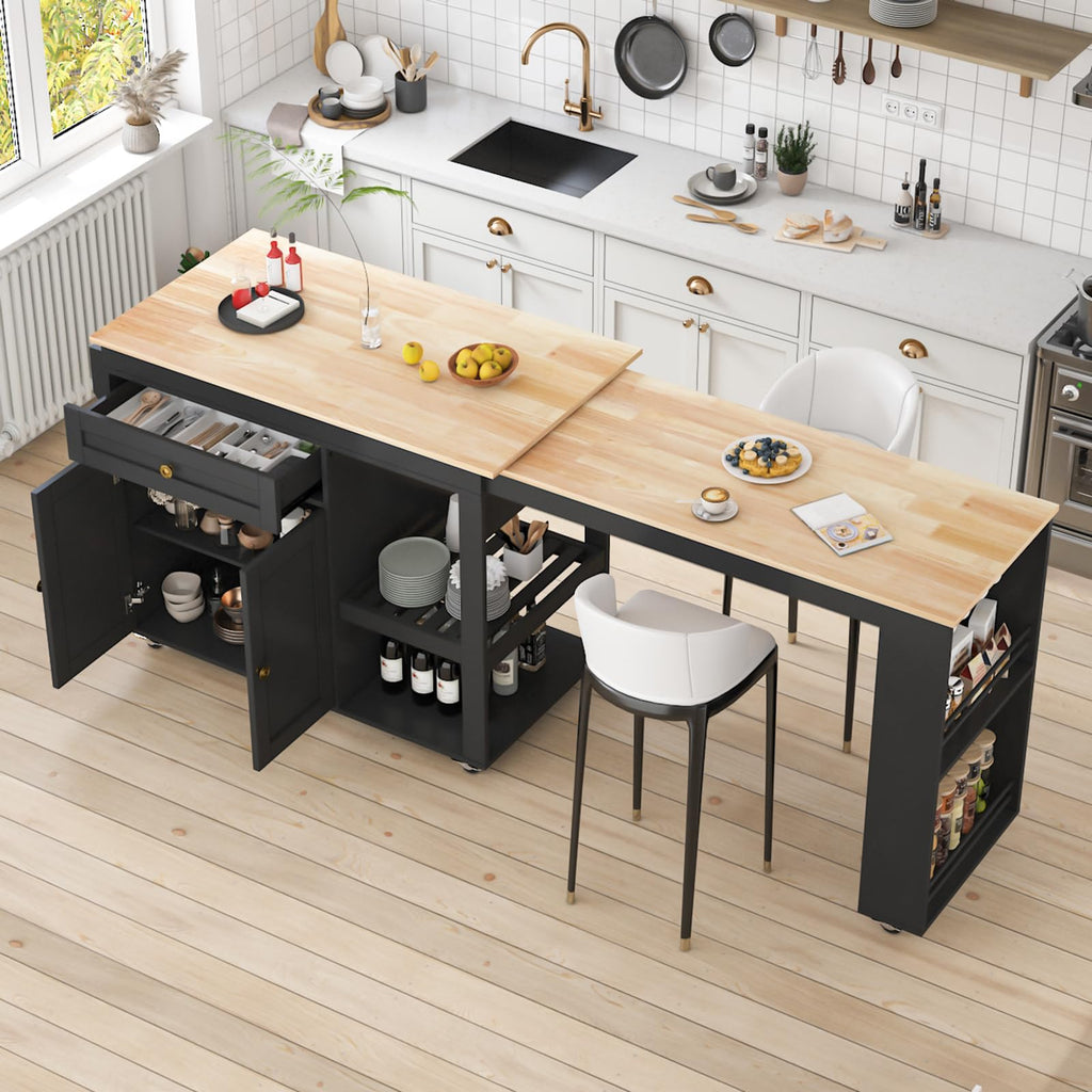 81.5" Kitchen Island with Extendable Dining Table, Rolling Kitchen Cart on Wheels with Spice Rack, Drawer and Door Cabinet for Dining Room, White