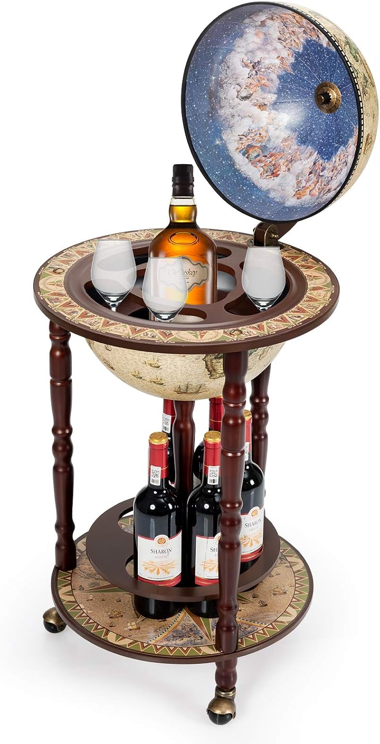 Goplus Globe Bar, 17.5â Globe Bar Liquor Cabinet with Wheels, Bottom Shelf, Old World Map, 16th Century Italian Replica Bar Globe, Retro Wine Stand, Globe Bar Cart for Dining Room Living Room Home