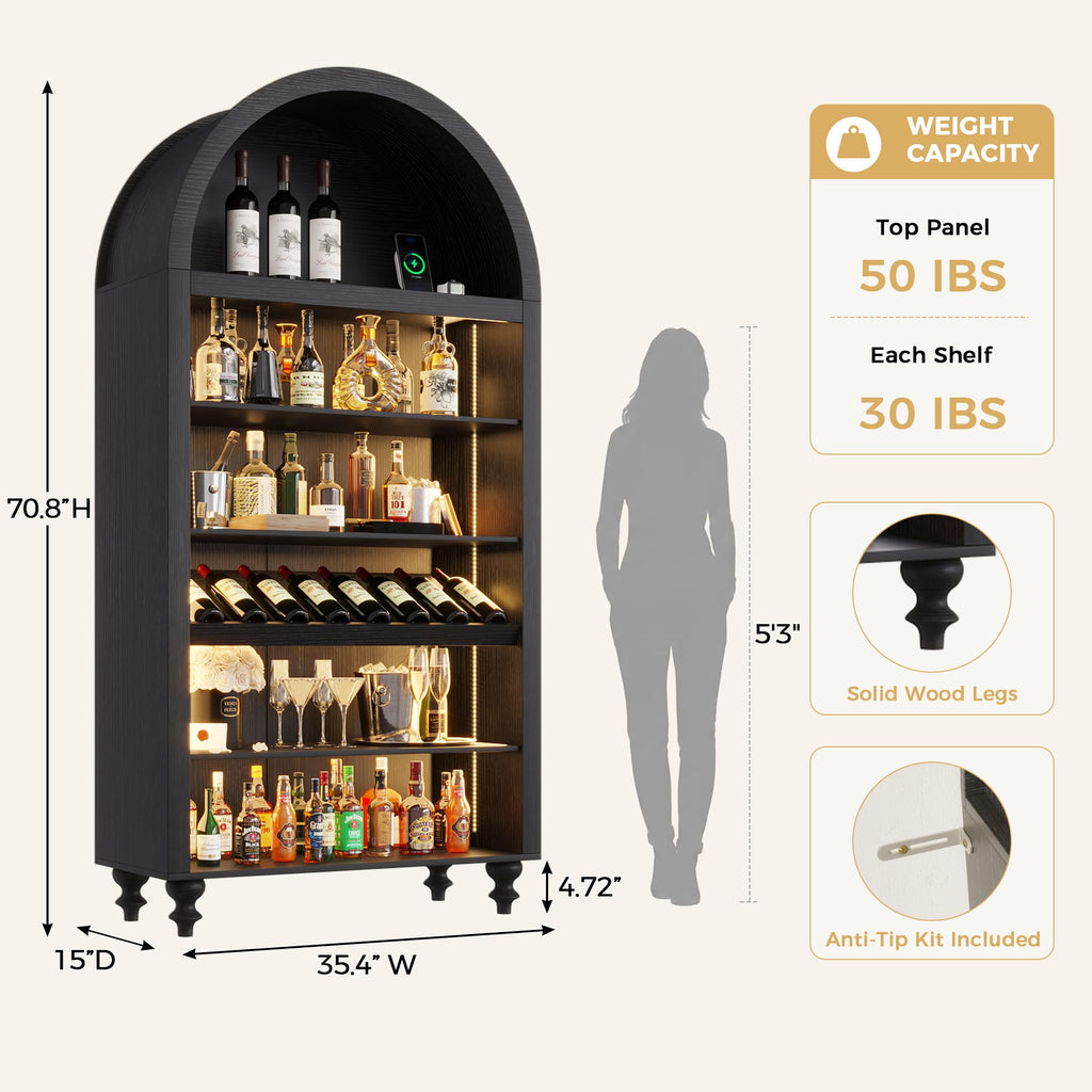 71" Tall Arched Wine Bar Cabinet with Wine Racks & Glass Holder, Wide Liquor Cabinets with LED Lights & Charing Ports, Kitchen Pantry Cupboard, Coffee Bar Storage Cabinet for Home, Dining Room (Oak)
