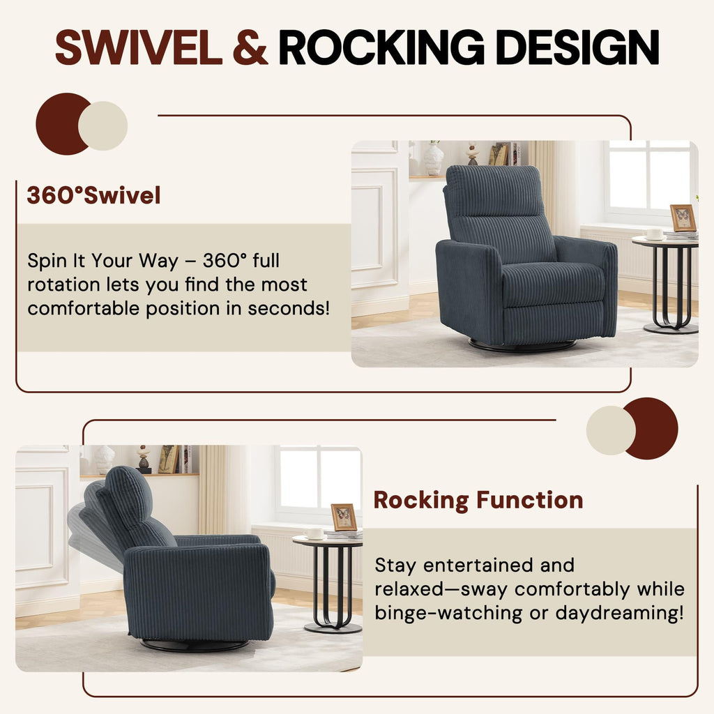 Korser 360Â° Swivel Glider Rocker Manual Recliner, High Back Corduroy Recliner with Curved Armrests, Beige Nursery Rocking Reclining Chair for Living Room Bedroom Adults