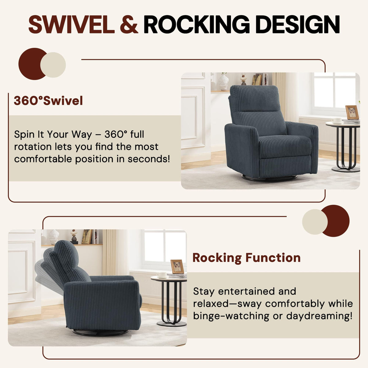 Korser 360Â° Swivel Glider Rocker Manual Recliner, High Back Corduroy Recliner with Curved Armrests, Beige Nursery Rocking Reclining Chair for Living Room Bedroom Adults