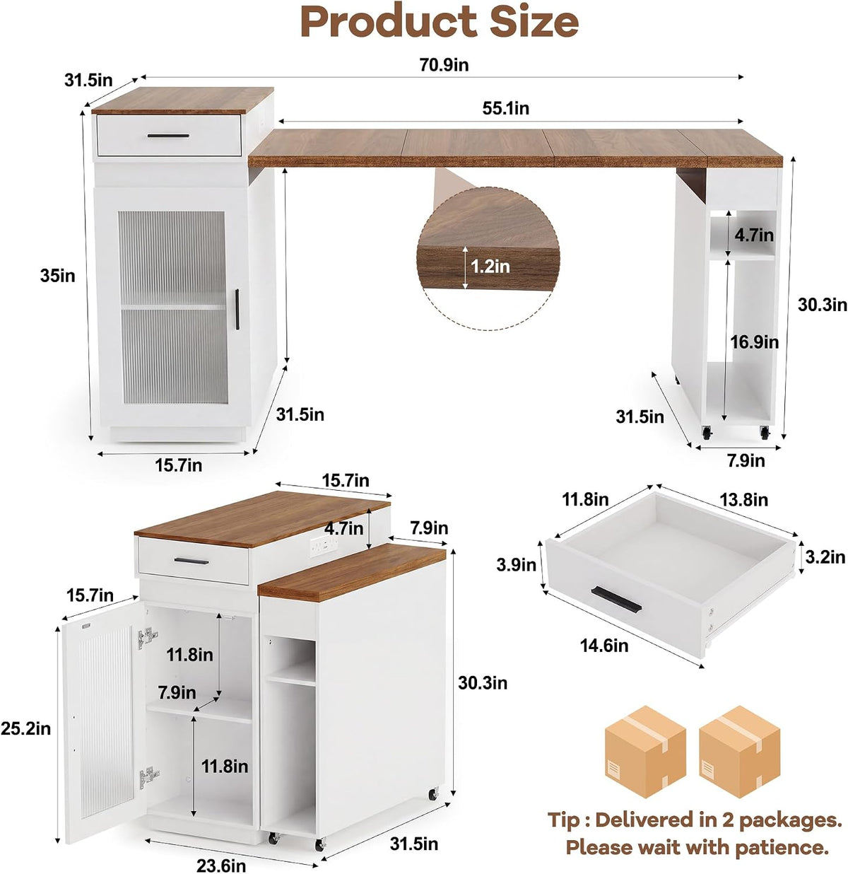71''Kitchen Island with Extendable Dining Table for 2-4,Double-Side Storage
