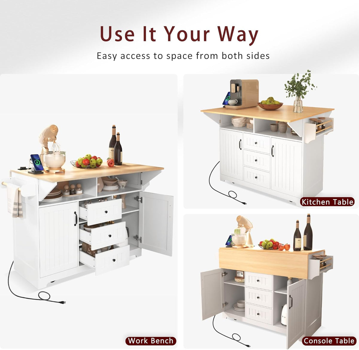 GDFStudio 55.7" Large Kitchen Island with 2 Drop Leaf,Rolling Kitchen Cart on 5 Wheels with Outlet, Folding Storage Dining Table with Spice & Towel Rack,3 Drawers,for Kitchen, Dining Room,White
