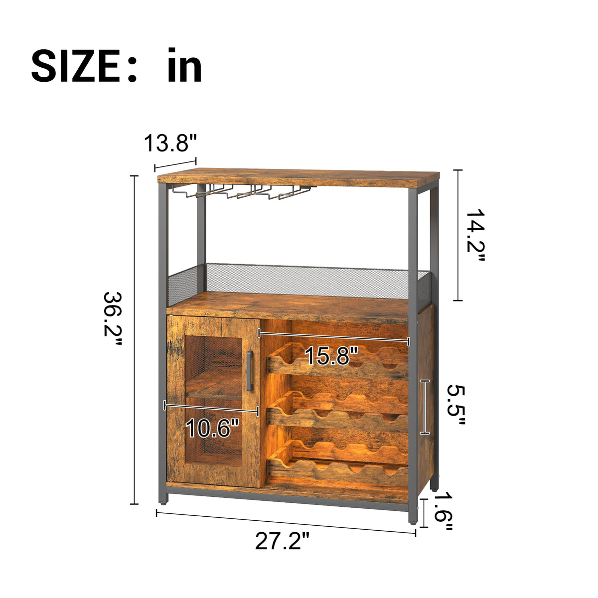 3-Tier Wine Bar Cabinet with Removable Wine Rack, Liquor Storage Cabinet with Glass Holder & Mesh Door, Coffee Bar Sideboard Buffet for Living Room or Dining Room, Gray