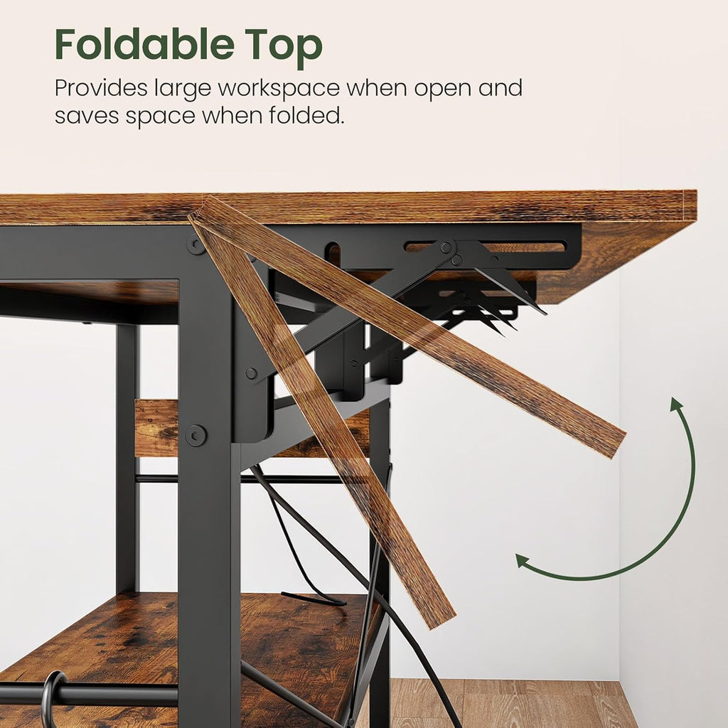 CHOEZON Kitchen Island with Power Outlet and Folding Top, Movable with 3-Tier Storage, Large Size, Wooden Shelves and Wine Rack, for Kitchen, Dining and Living Room, Rustic Brown and Black TZD02UBF