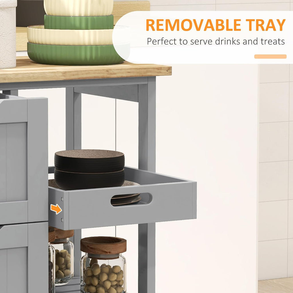 HOMCOM Rolling Kitchen Island Cart with Wood Top, Shelves & Drawers, Gray