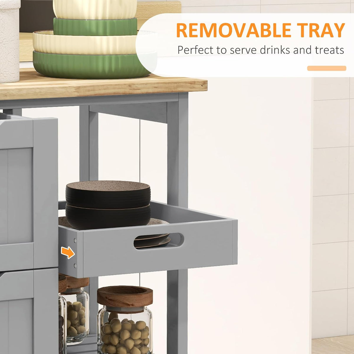 HOMCOM Rolling Kitchen Island Cart with Wood Top, Shelves & Drawers, Gray