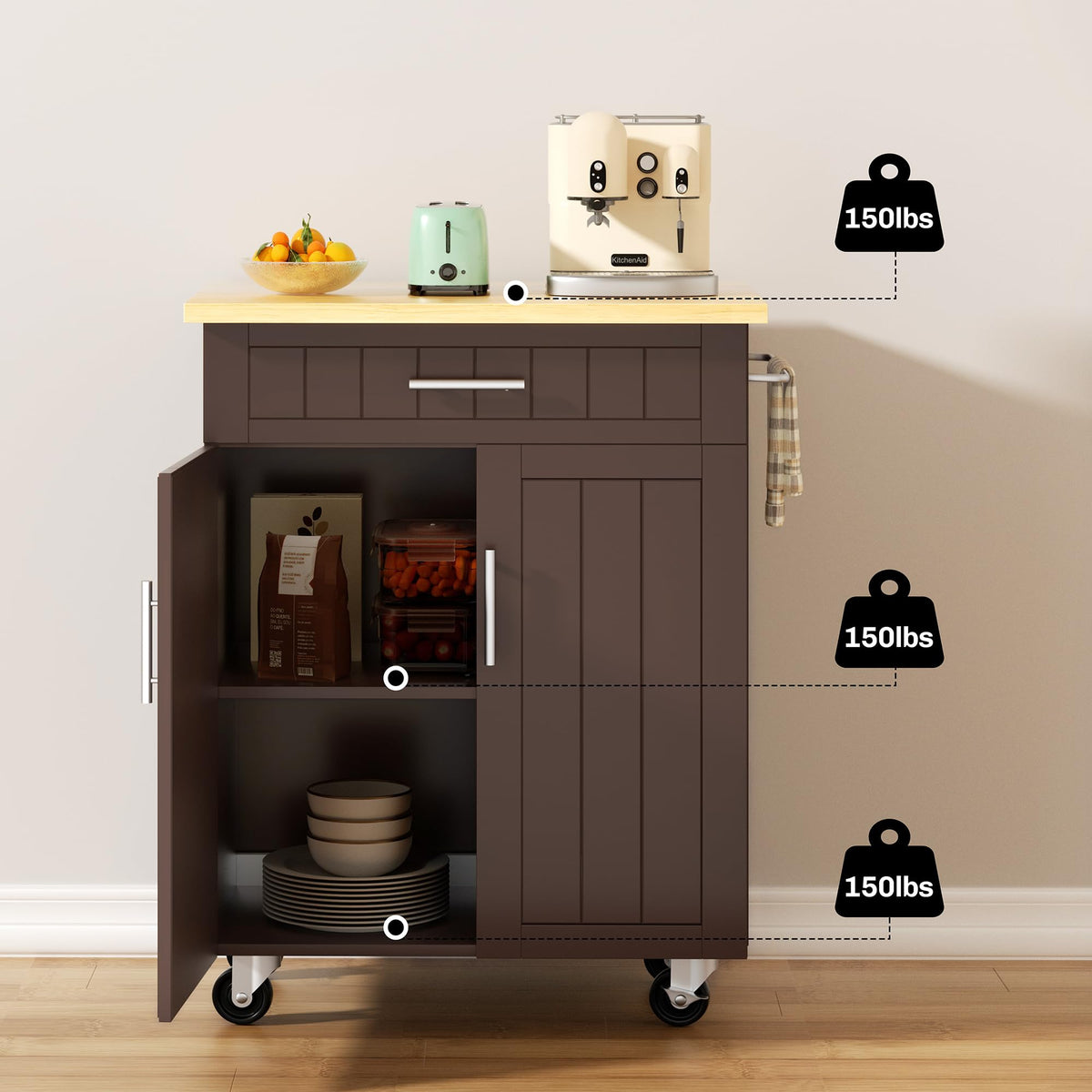 SUNLEI Kitchen Island Cart on Wheels with Storage Cabinet & Drawer, 26" Width Rolling Kitchen Table, Cart Handle for Towel Rack or Free Mobility, Kitchen Cart, Dining Room(Black)