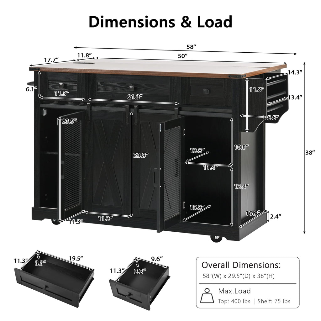 53" Large Kitchen Island with Drop Leaf & Power Outlet, Rolling Kitchen Cart on 5 Wheels with Internal Door Storage Rack, 5 Open Side Racks, 3 Drawers, 2 Doors for Kitchen Dining Room