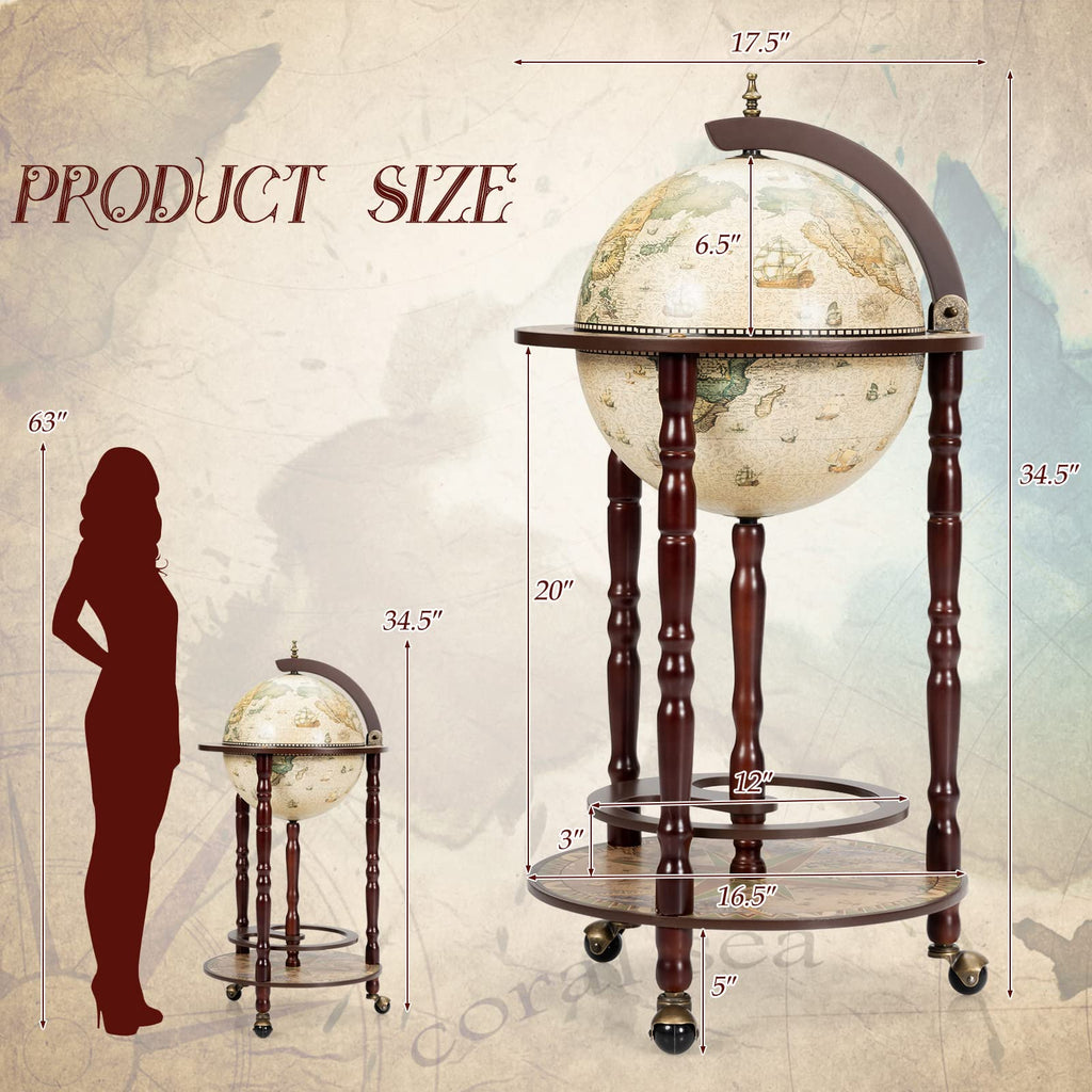 HAPPYGRILL Globe Bar, 17.5â Wine Bar Stand Italian Wooden Globe Wine Cart Liquor Bottle Shelf, 16th Century Retro Wine Cupboard with Wheels for Dining Room Living Room, Retro Brown