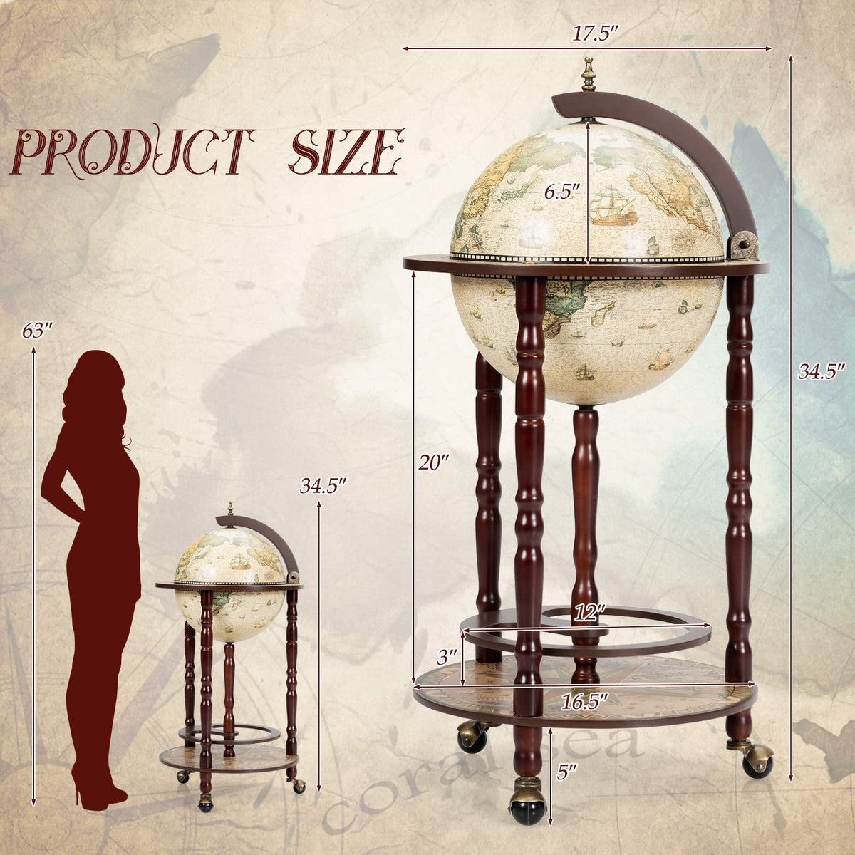 HAPPYGRILL Globe Bar, 17.5â Wine Bar Stand Italian Wooden Globe Wine Cart Liquor Bottle Shelf, 16th Century Retro Wine Cupboard with Wheels for Dining Room Living Room, Retro Brown