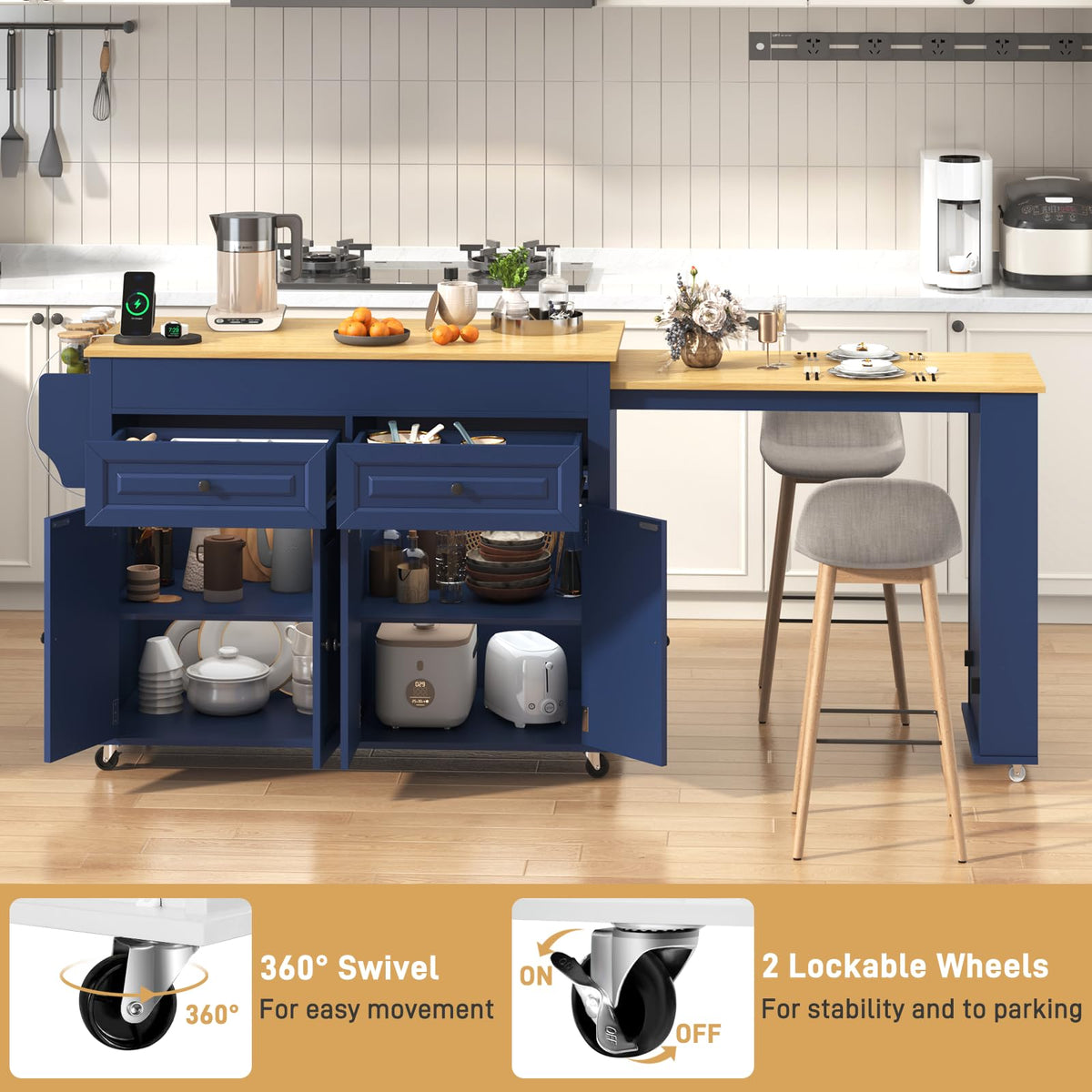 80"-48" Extendable Kitchen Island with Extended Dining Table and Power Outlet,Large Mobile Kitchen Storage Islands with 2 Storage Drawers,Rolling Islands Cart with 3 Extra Rows Open Shelves(Brown)