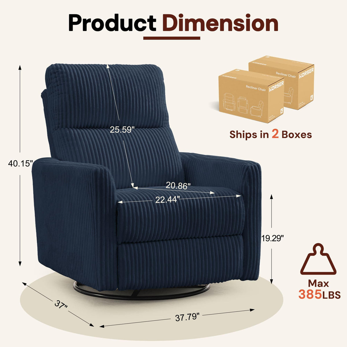 Korser 360Â° Swivel Glider Rocker Manual Recliner, High Back Corduroy Recliner with Curved Armrests, Beige Nursery Rocking Reclining Chair for Living Room Bedroom Adults