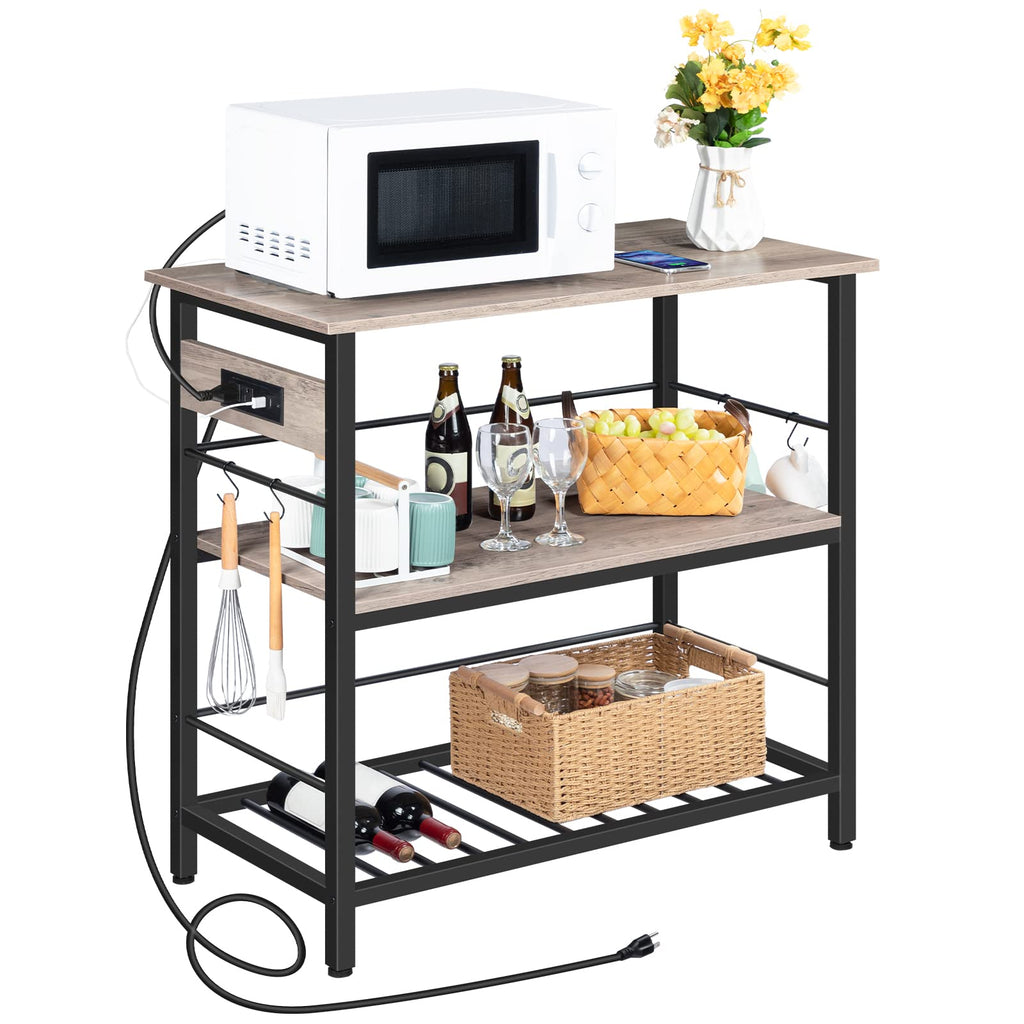 HOOBRO Kitchen Island with Storage, Kitchen Island Table with Power Outlet, 47.2" L 3 Tier Kitchen Counter and Microwave Stand, for Home, Kitchen and Dining Room, Rustic Brown and Black BF120UZD01