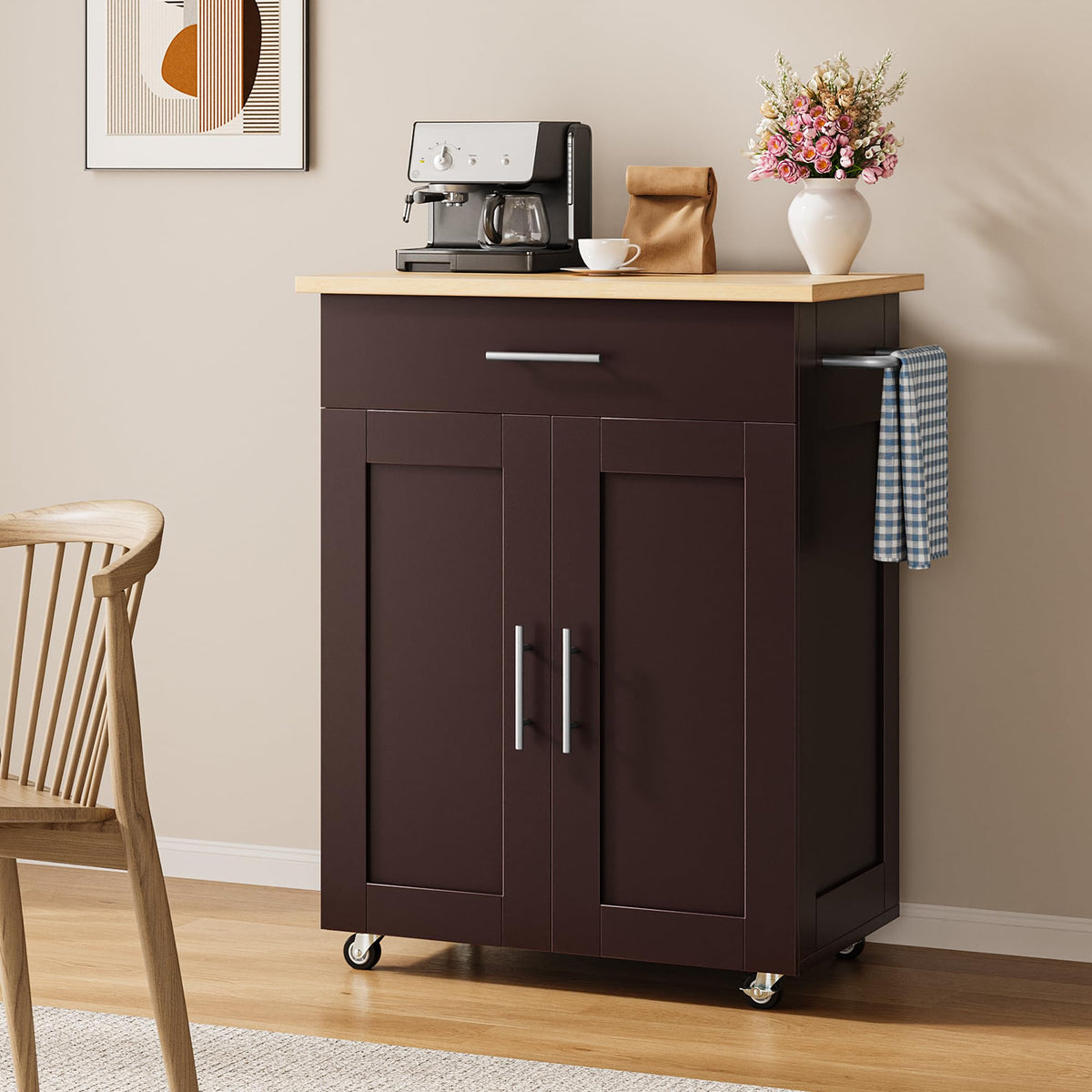 OtterOasis Mobile Kitchen Island on Wheels, Large Drawer, Black