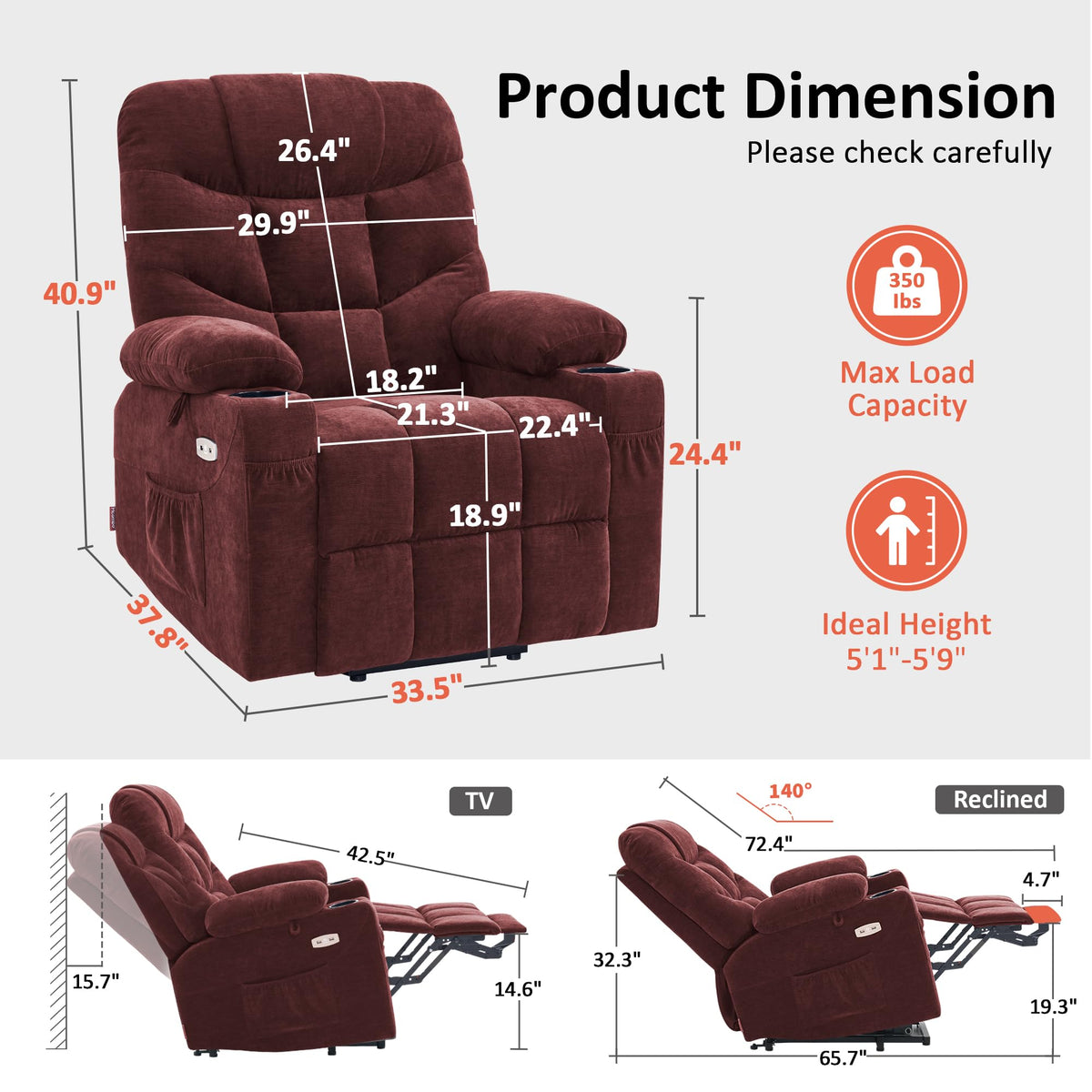 MCombo Power Lift Recliner for Elderly, Fabric 7287 (Light Grey, Medium)