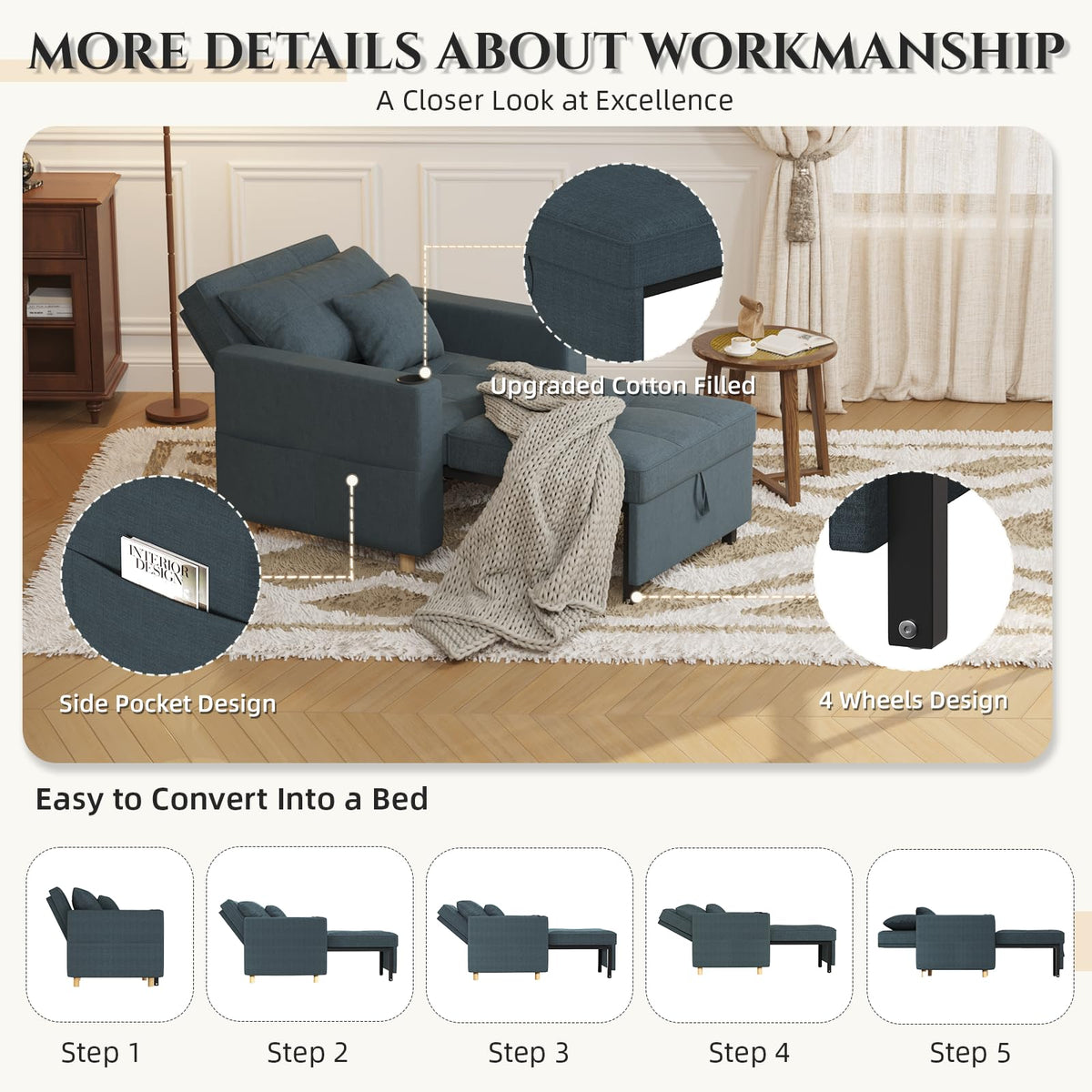 YODOLLA Sleeper Chair Pull Out Bed, Chair Bed Sleeper for Adults, Beige