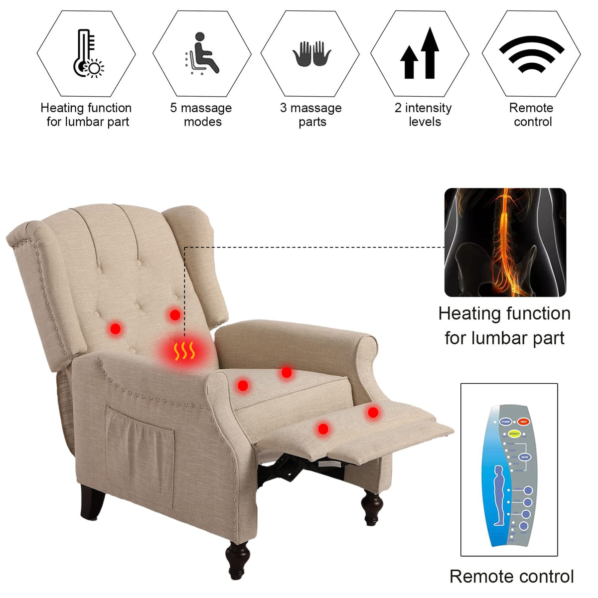 Wingback Recliner Chair - Tufted Arm Chair Recliner - Fabric Push Back Single Sofa for Living Room Adjustable Backrest (Blue Floral)