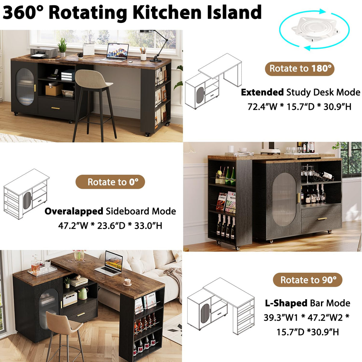 HSH 72â Rolling Kitchen Island with Seating & Storage on Wheels, White Oak