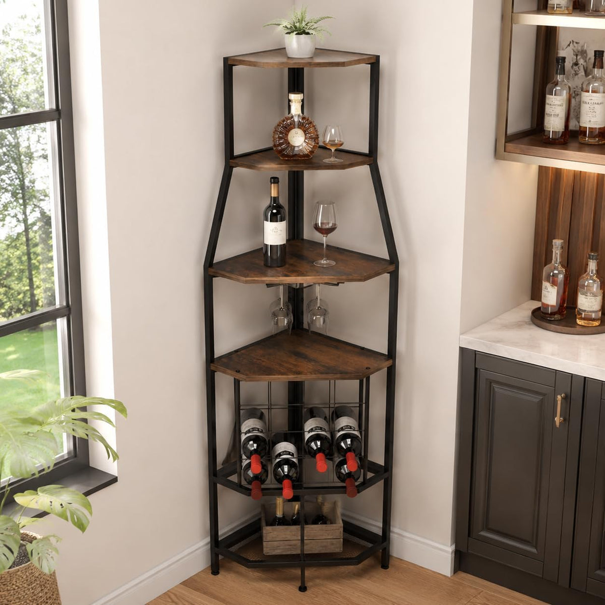 5-Tier Corner Wine Rack with Glass Holder, Floorstanding Wine Storage