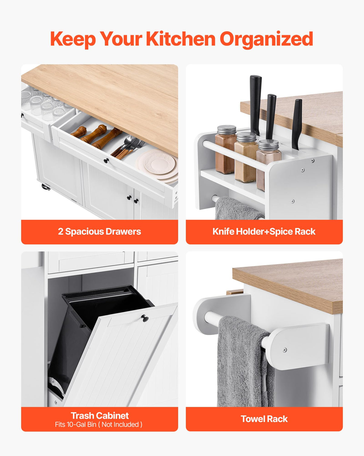 VEVOR Kitchen Island Cart with Storage, 47.64 in Wide Mobile Rolling Storage Island on Swivel Wheels, with 2 Drawers, Storage Cabinet, Drop Leaf, Towel Rack, Table for Home Dining Room, White