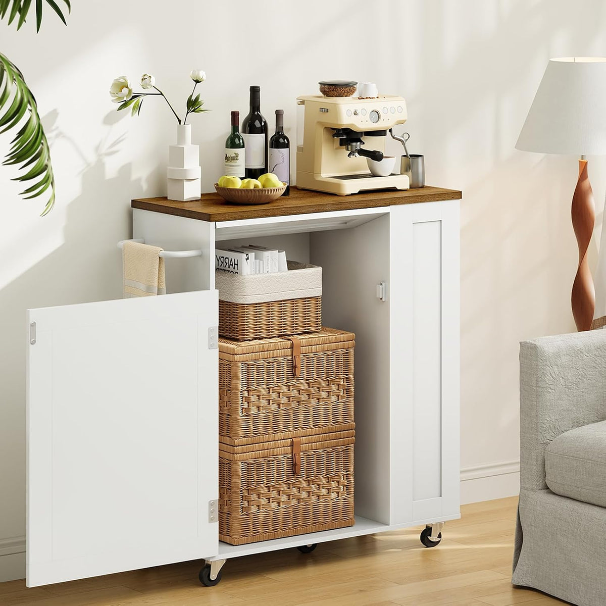 CHOEZON Kitchen Island Cart with Storage, Kitchen Cabinet, Mobile Kitchen Island, Storage Trolley for Kitchen with Hidden Trash Bin Cabinet, for Dining Room, White and Walnut MZD06WL