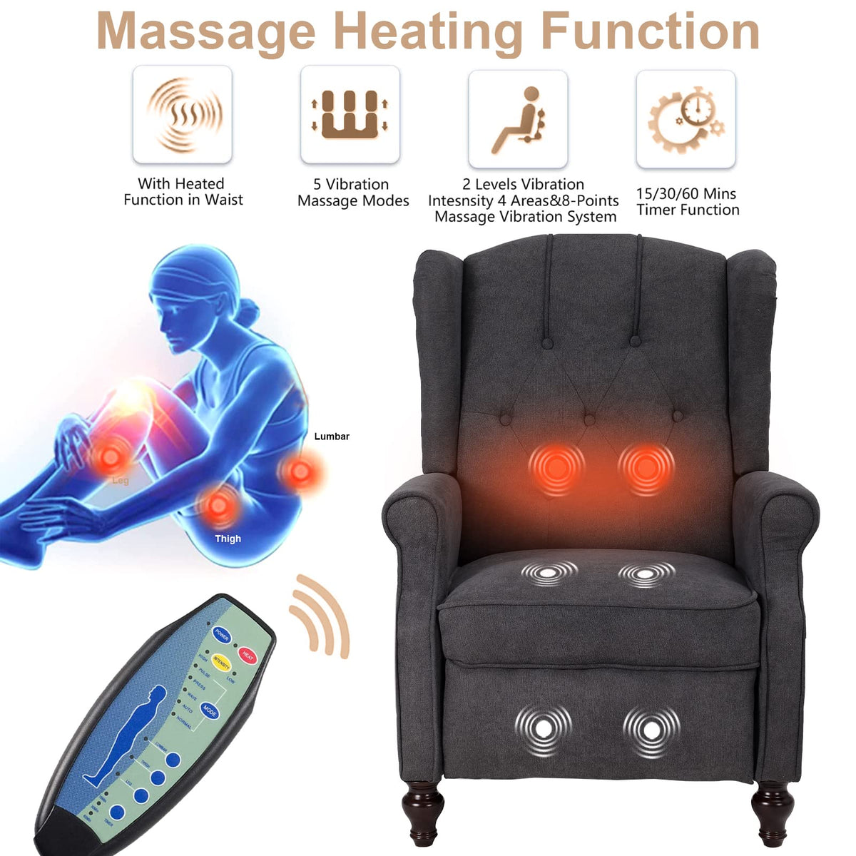 IPKIG Wingback Pushback Recliner Chair - Mid Century Recliner Armchair with Massage and Heat, Rivet Decoration, Button-Tufted Back, Solid Wood Legs for Living Room, Bedroom, Office(Beige)