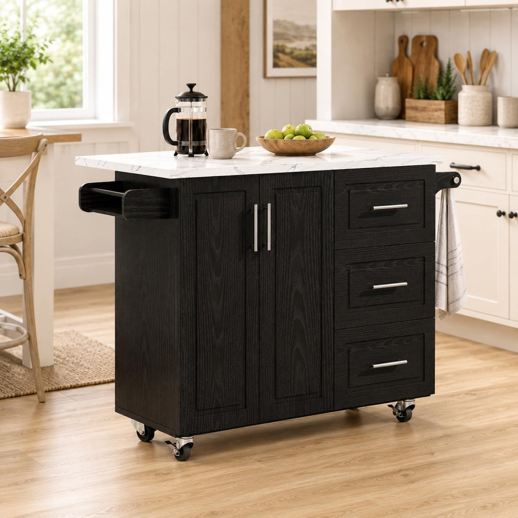 43" Kitchen Island on Wheels, Rolling Kitchen Island with Drop Leaf, Black