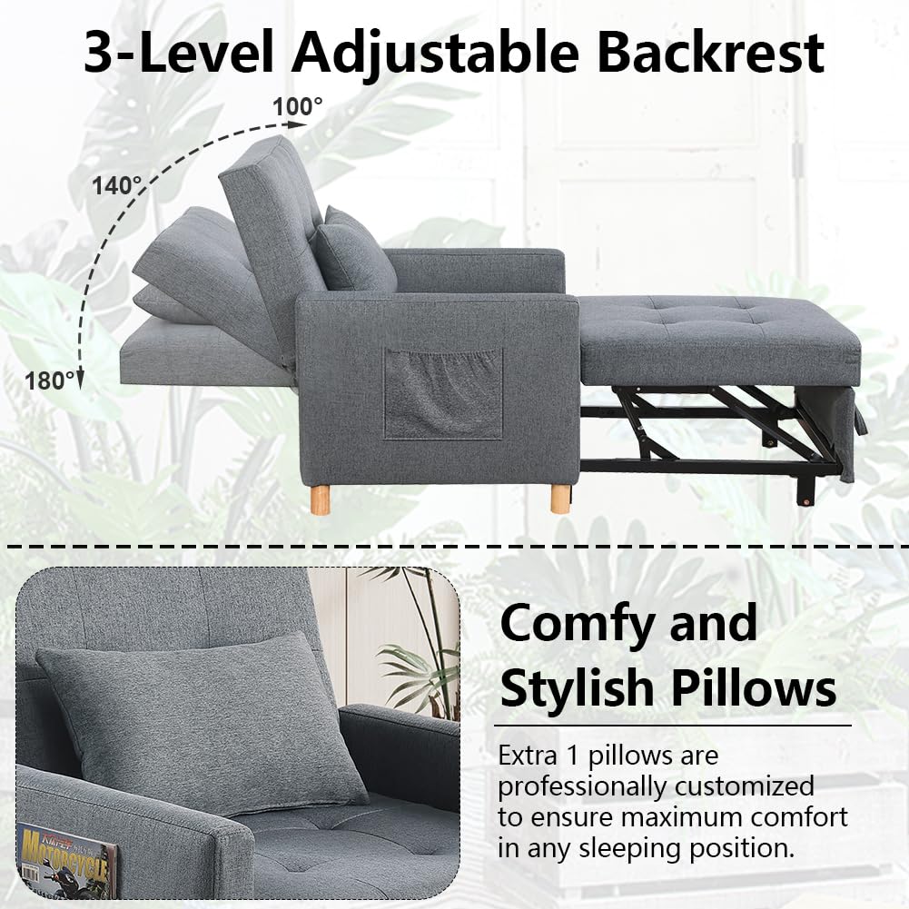 Sleeper Chair,Convertible Sleeper Sofa Chair,Pull Out Sleeper Chair with Adjustable Backrest,Multi-Functiona Lounge Chair for Living Room(Gray)