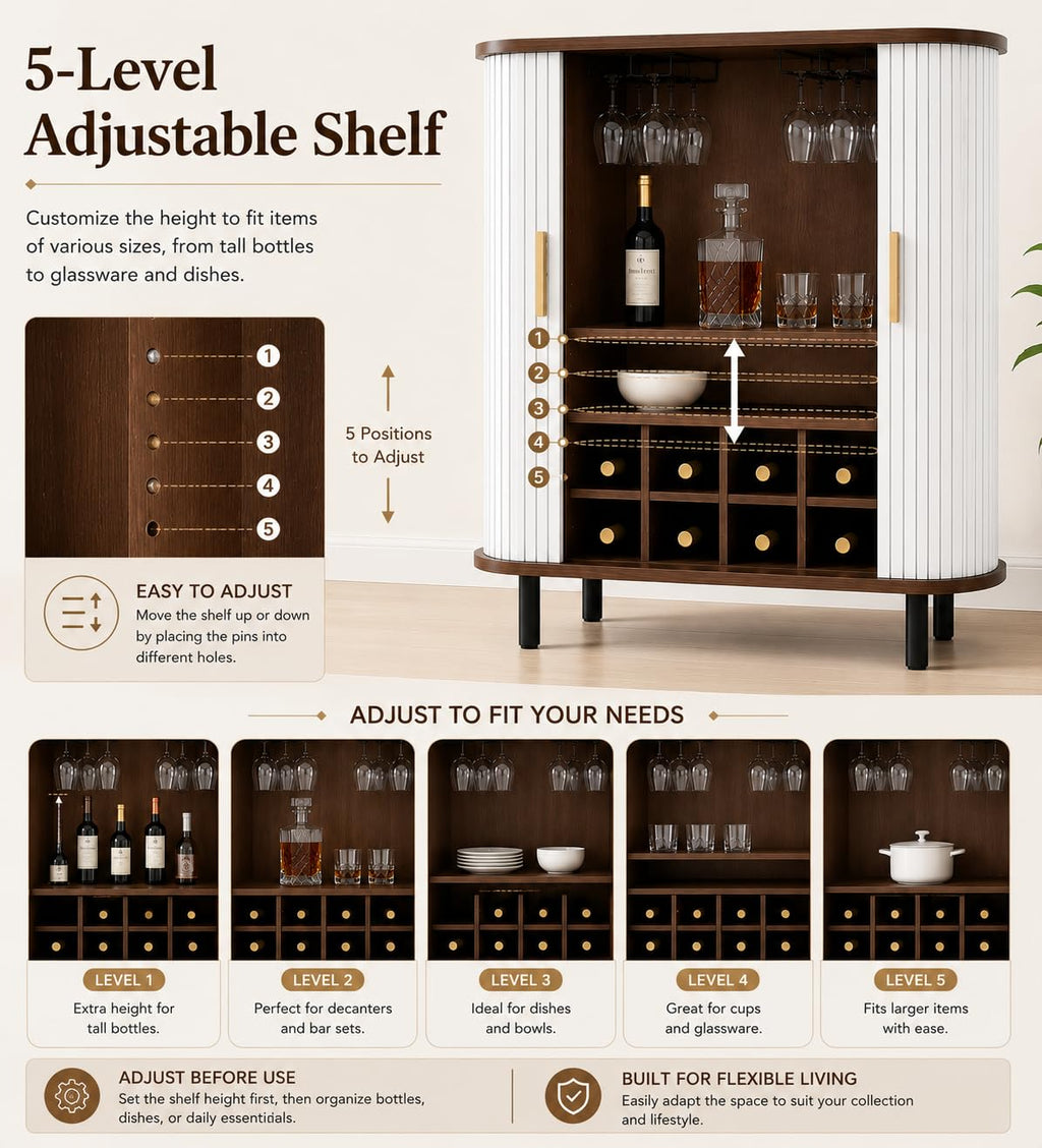 28 Inch Fluted Wine Bar Cabinet with Storage, Coffee Bar Cabinet with Sliding Tambour Doors, 8-Grid Wine Rack, Glass Holders, Adjustable Shelves, Sideboard Buffet Cabinet(Black)